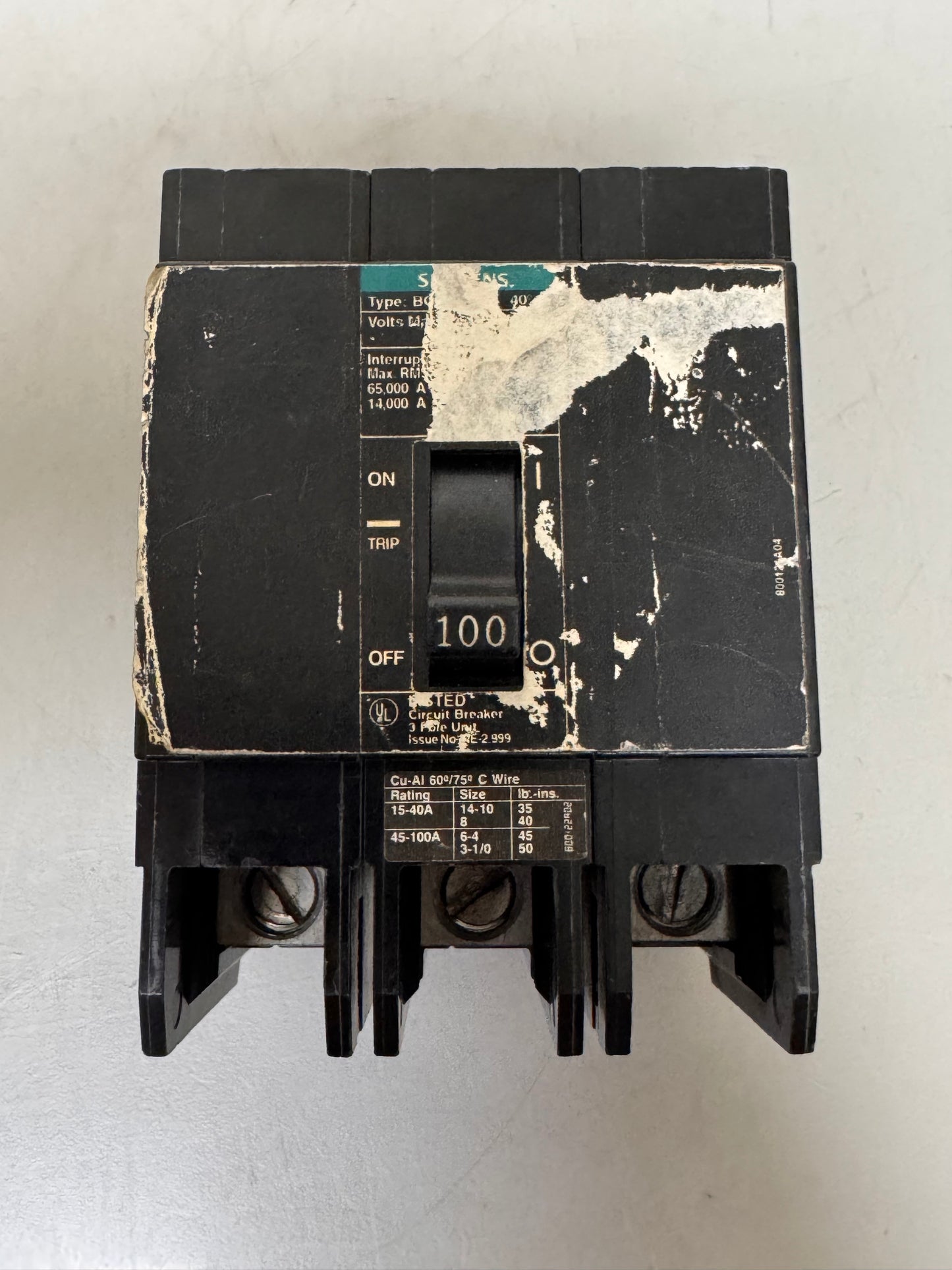 Used Siemens BQD3100 100 Amp, 3 Pole, 480 Volt Breaker