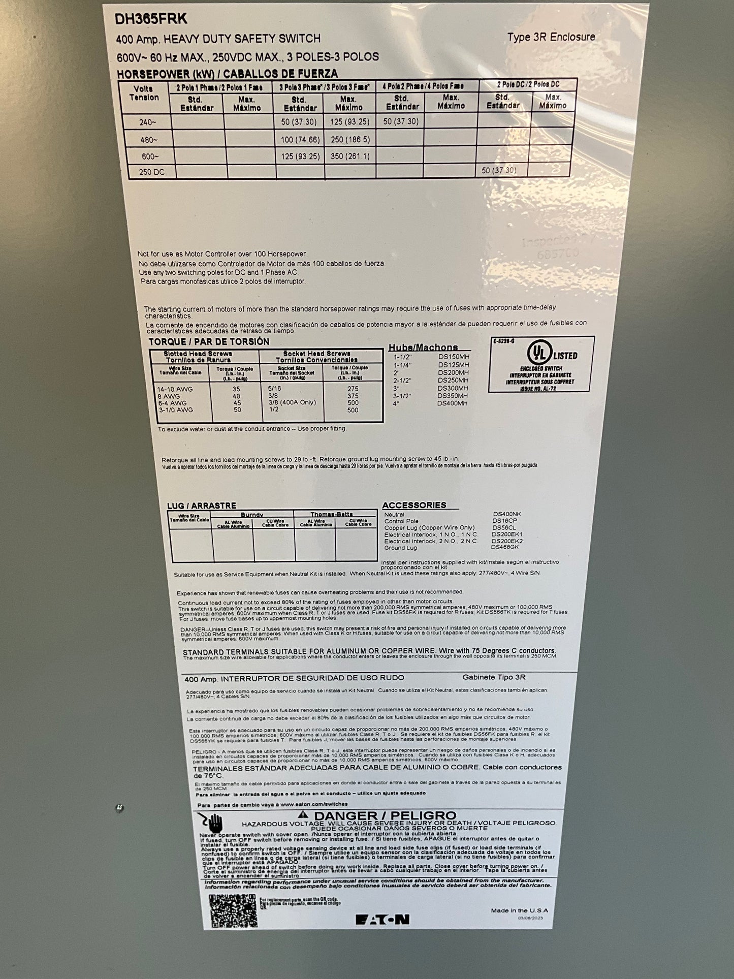 New Cutler-Hammer DH365FRK Disconnect 400 Amp 600 Volt Fusible Outdoor