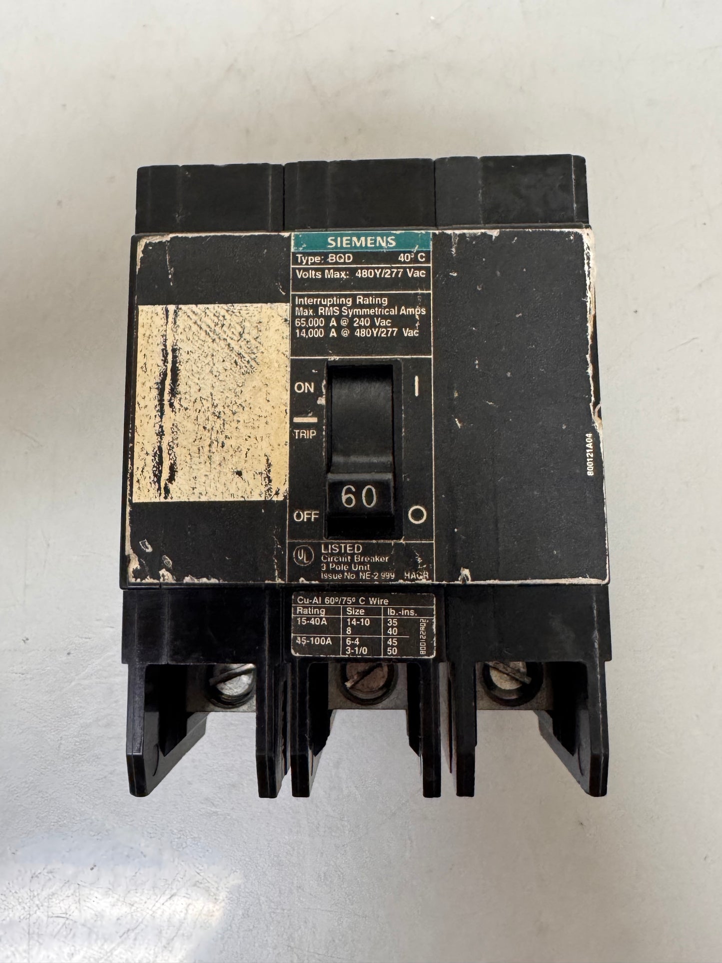 Used Siemens BQD360 60 Amp, 3 Pole, 480 Volt Breaker