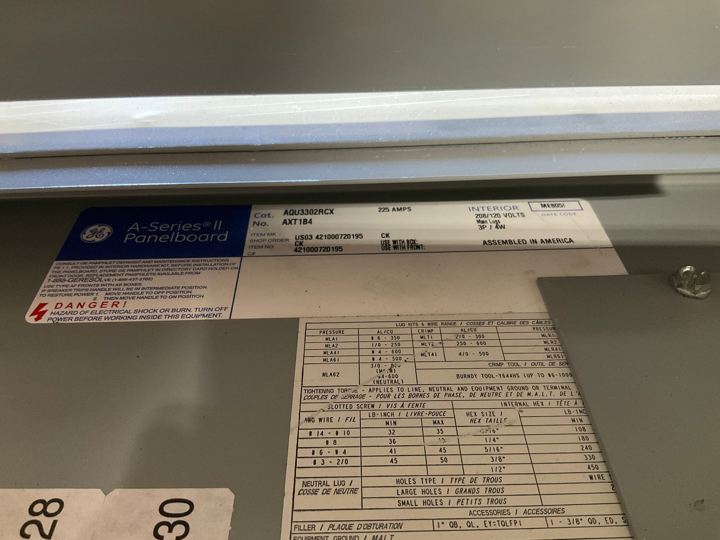 Used GE AQU3302RCX Panelboard 225 Amp Main Lug 208/120 Volt 30 Circuit 3 Phase 4 Wire (item#p2)
