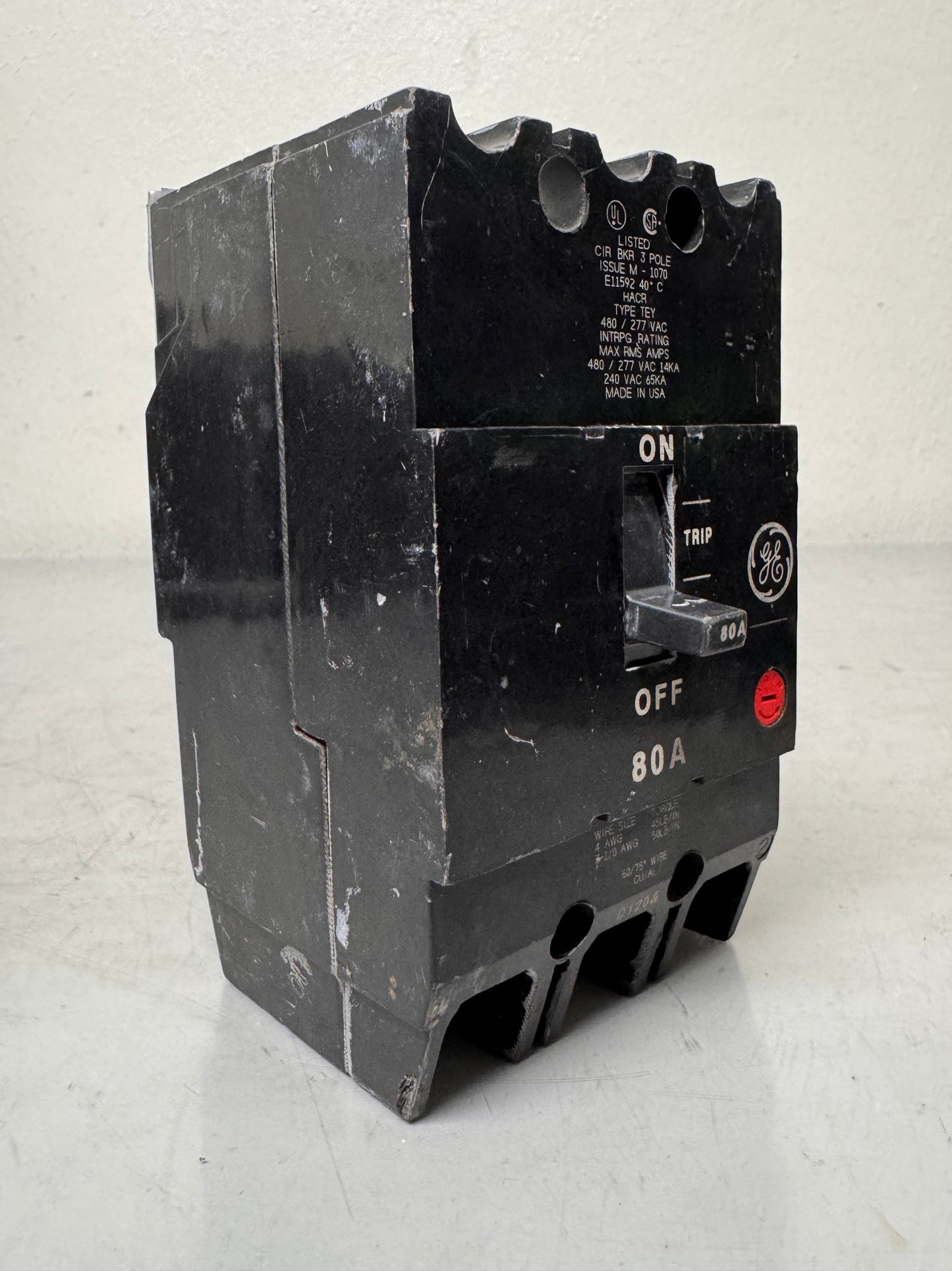 Used General Electric TEY380 80 Amp, 3 Pole, 480 Volt Breaker
