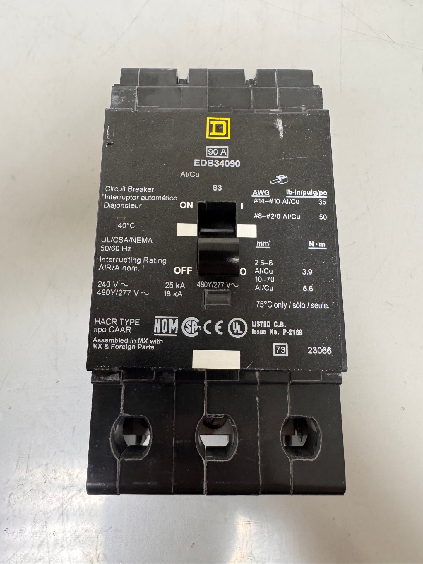 Used Square D EDB34090 90 Amp, 3 Pole, 480 Volt Breaker