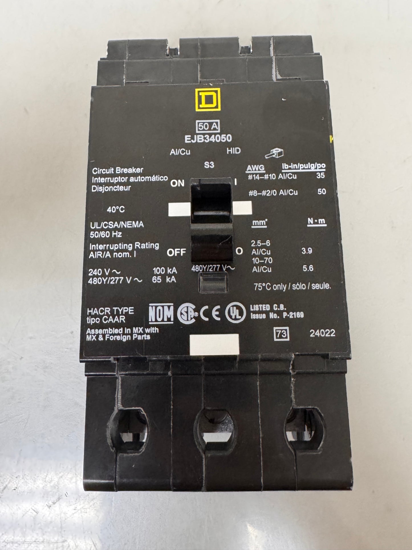 New Square D EJB34050 50 Amp, 3 Pole, 480 Volt Breaker