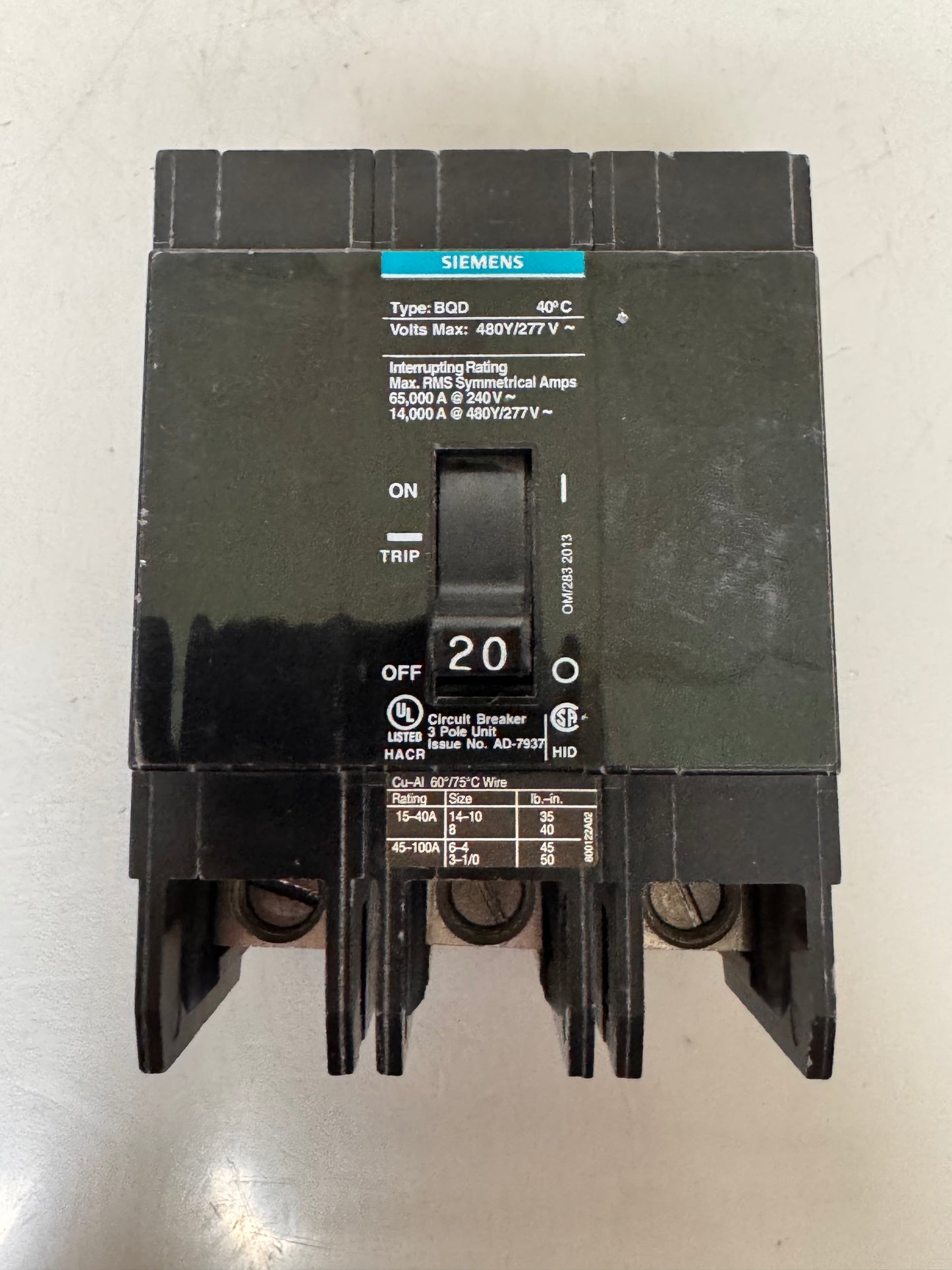 New Siemens BQD320 20 Amp, 3 Pole, 480 Volt Breaker