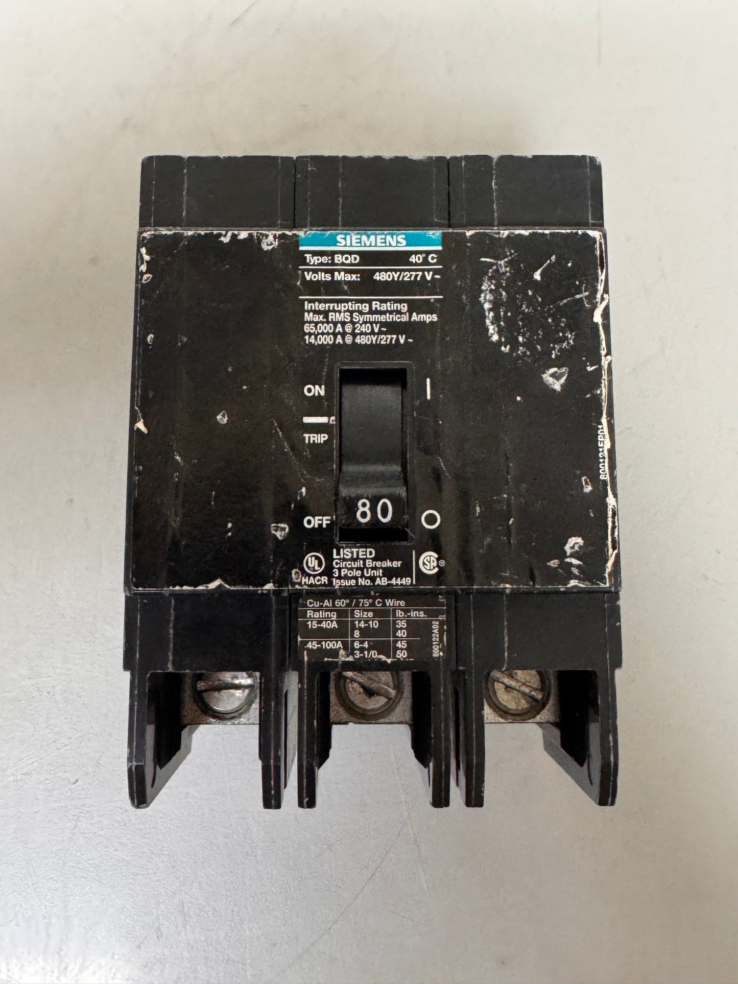 Used Siemens BQD380 80 Amp, 3 Pole, 480 Volt Breaker