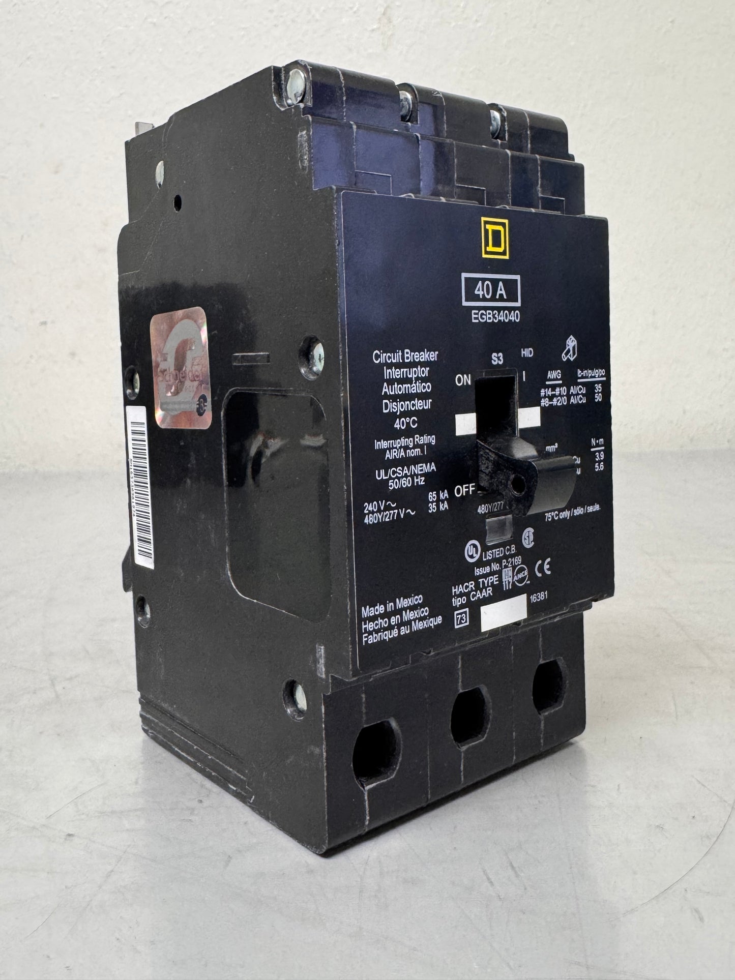 Used Square D EGB34040 40 Amp, 3 Pole, 480 Volt Breaker