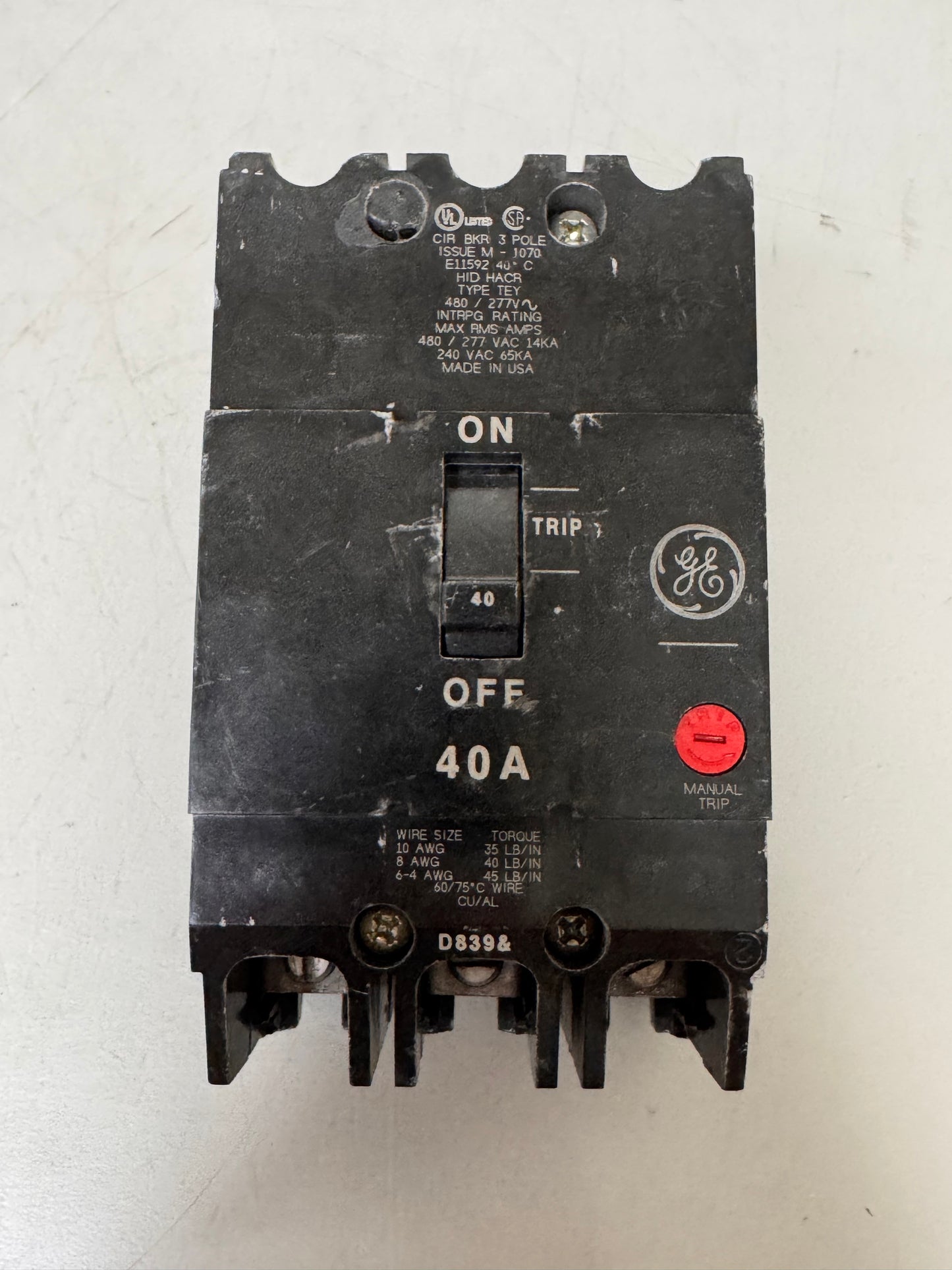 Used General Electric TEY340 40 Amp, 3 Pole, 480 Volt Breaker