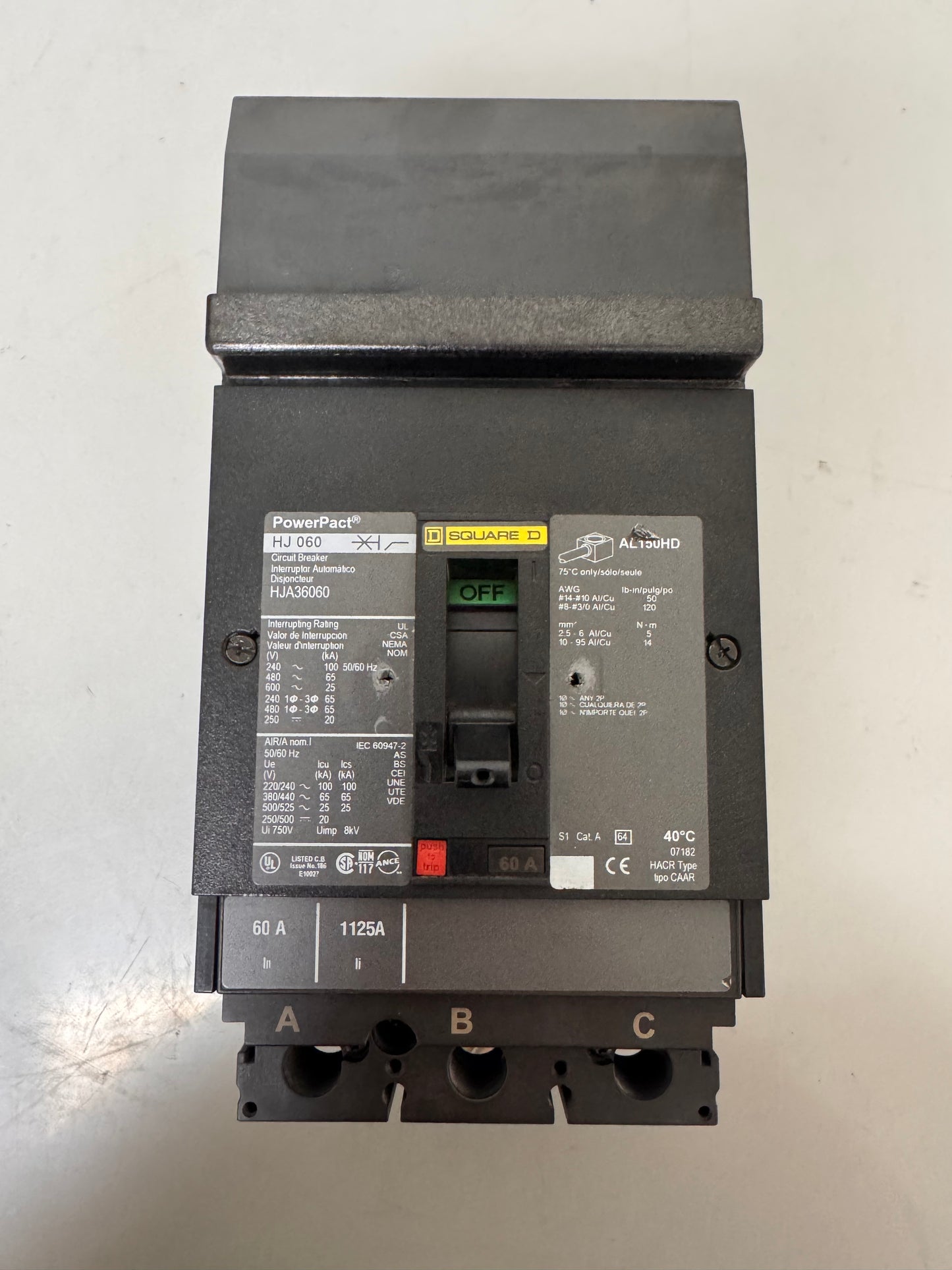 Used Square D HJA36060 60 Amp, 3 Pole, 600 Volt Breaker