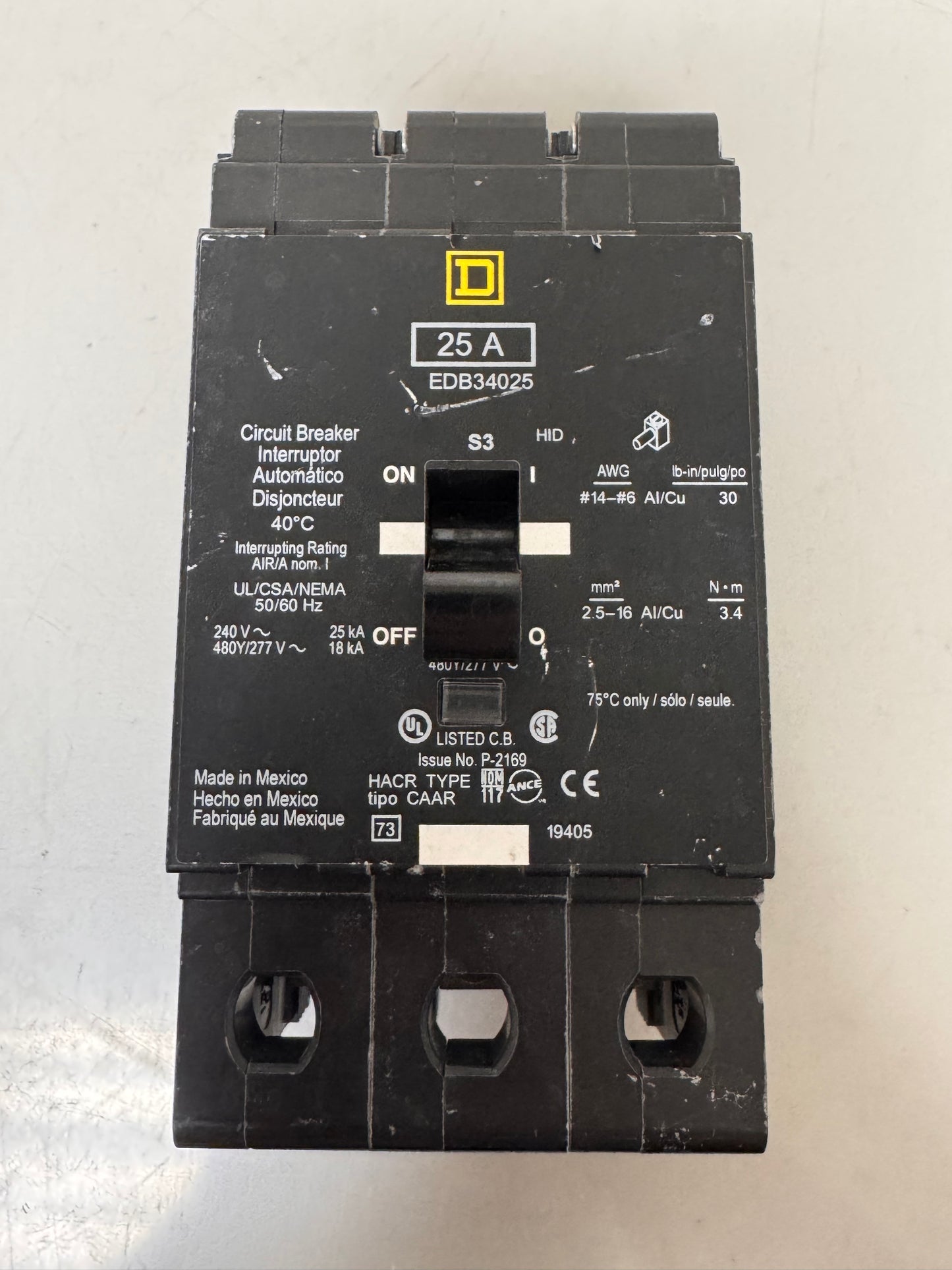 Used Square D EDB34025 25 Amp, 3 Pole, 480 Volt Breaker