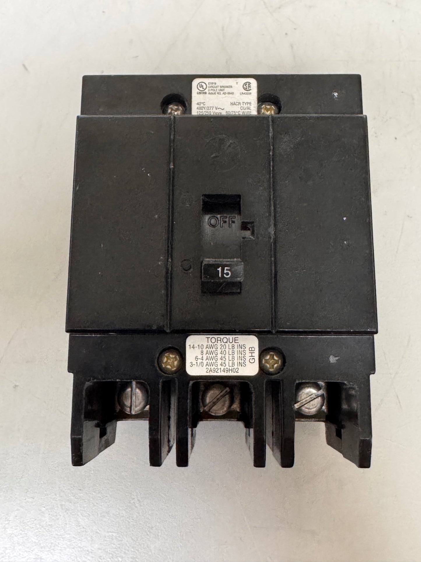 Used Cutler Hammer GHB3015 15 Amp, 3 Pole, 480 Volt Breaker