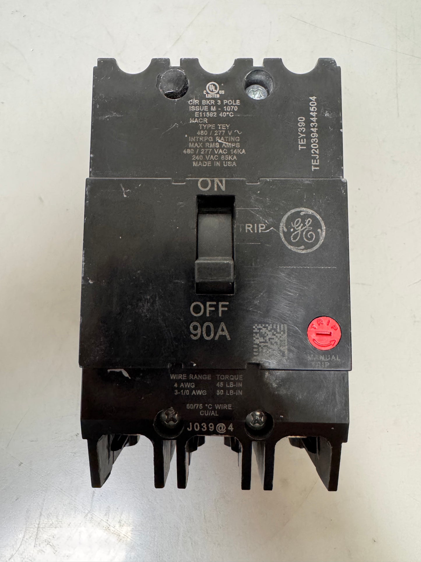 Used General Electric TEY390 90 Amp, 3 Pole, 480 Volt Breaker