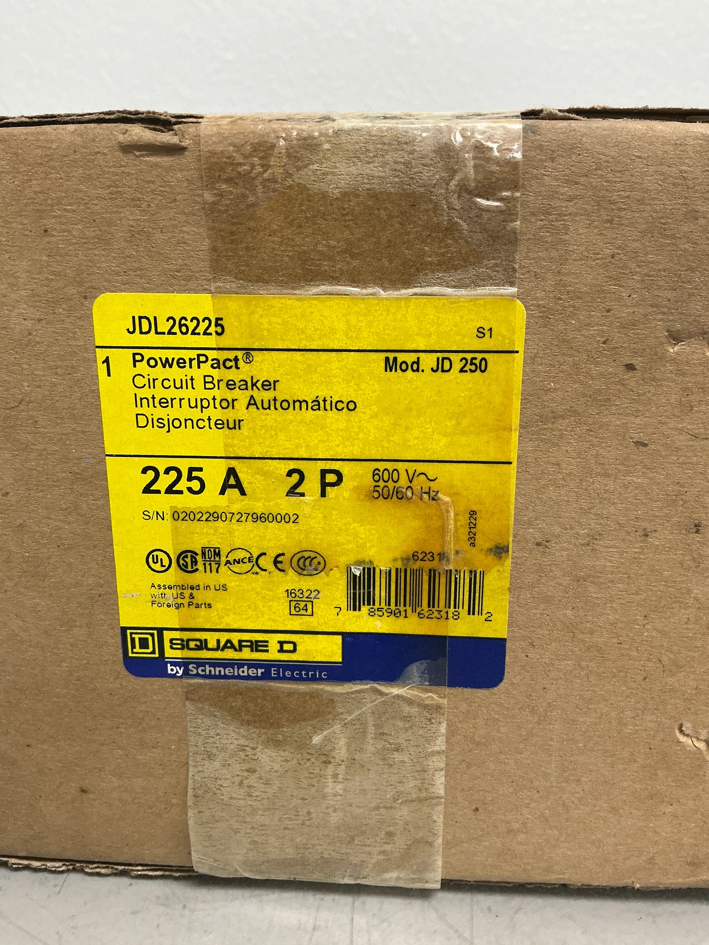 New Square D JDL26225 2 Pole, 225 Amps, 600 Volts