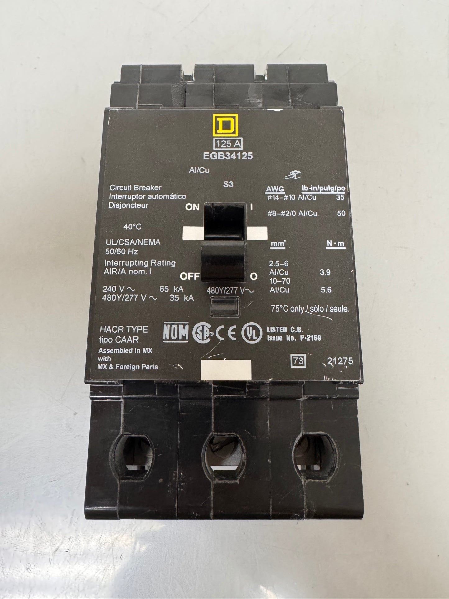Used Square D EGB34125 125 Amp, 3 Pole, 480 Volt Breaker