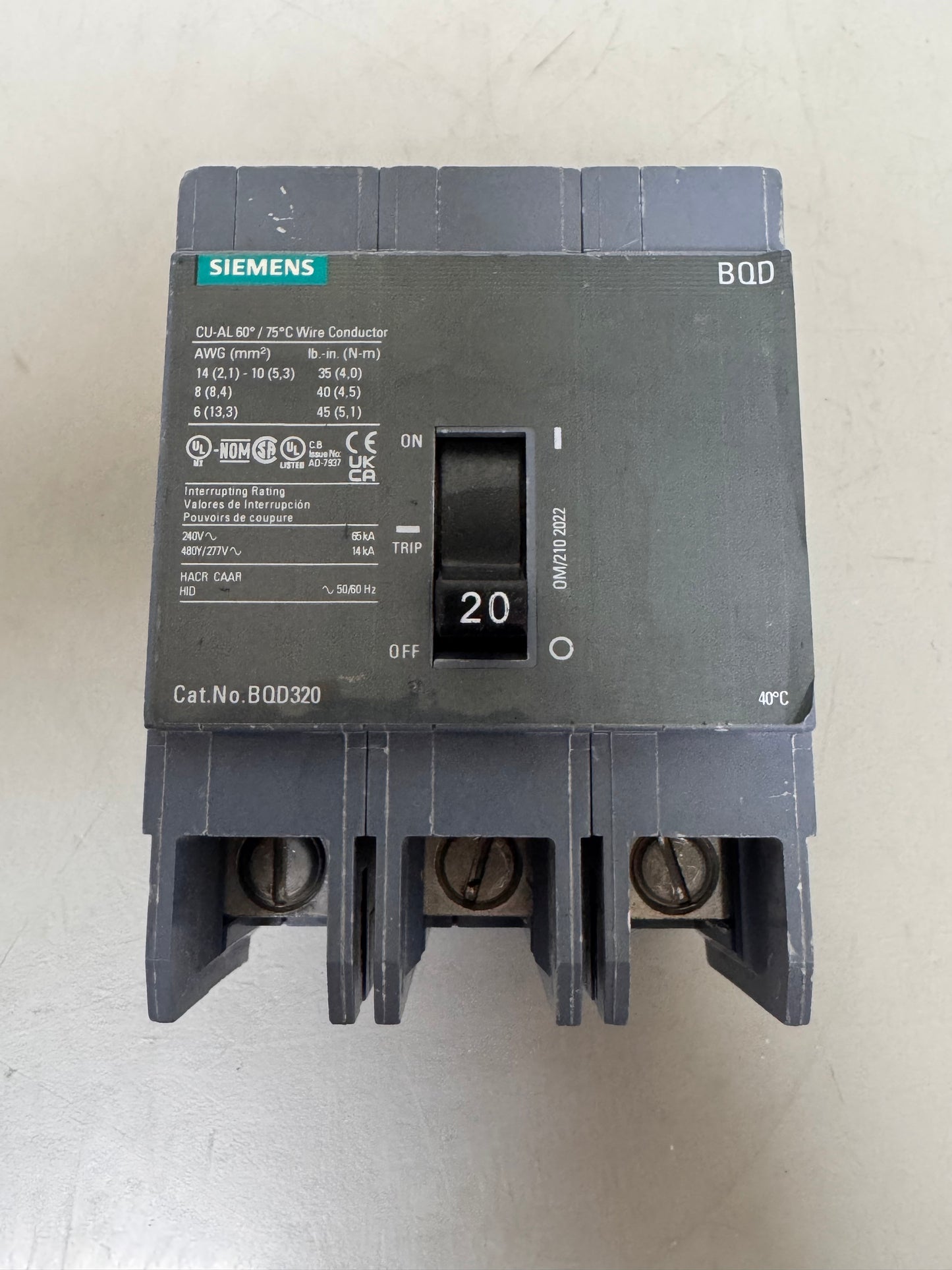 Used Square D BQD320 20 Amp, 3 Pole, 480 Volt Breaker