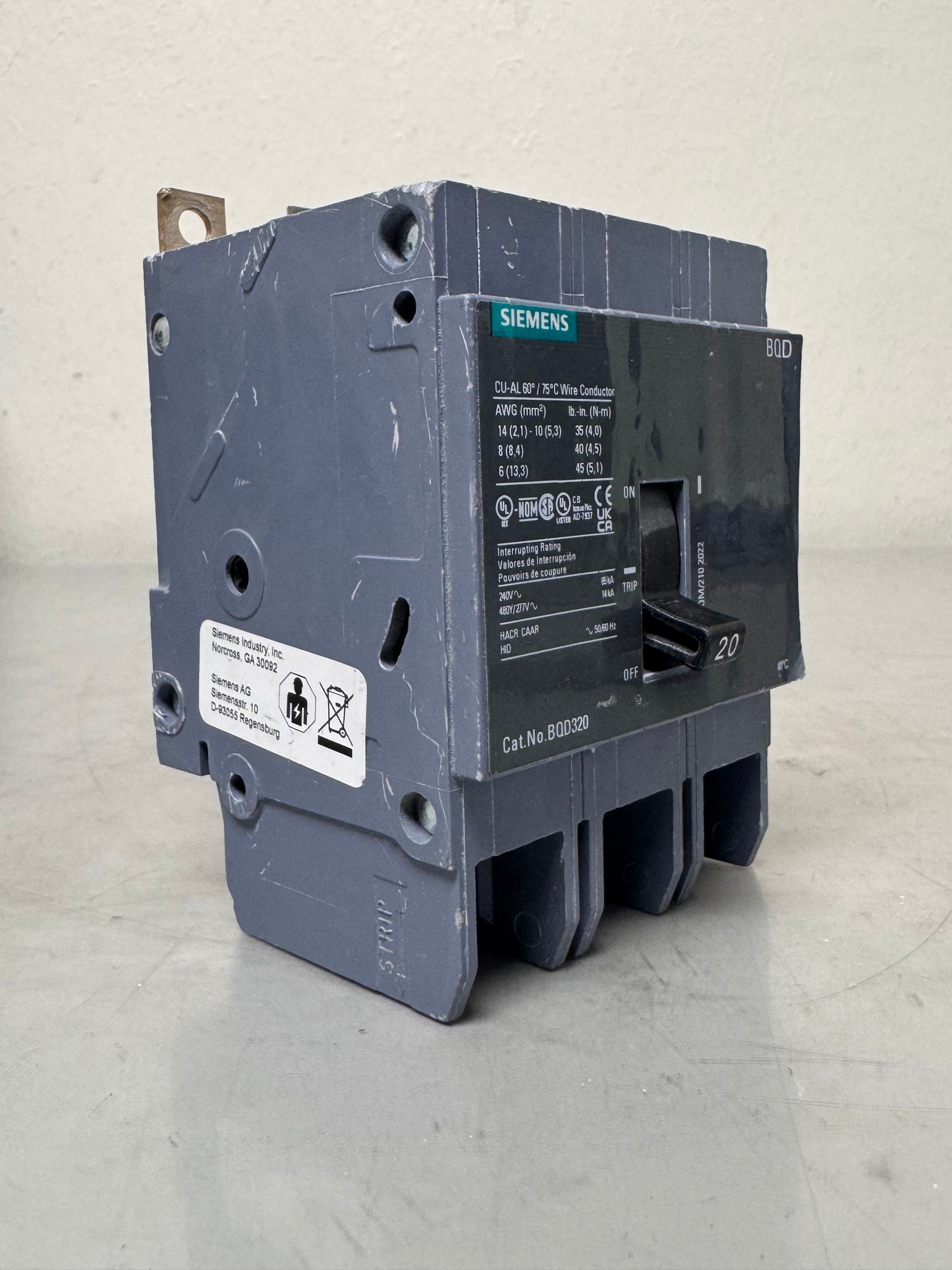 Used Square D BQD320 20 Amp, 3 Pole, 480 Volt Breaker