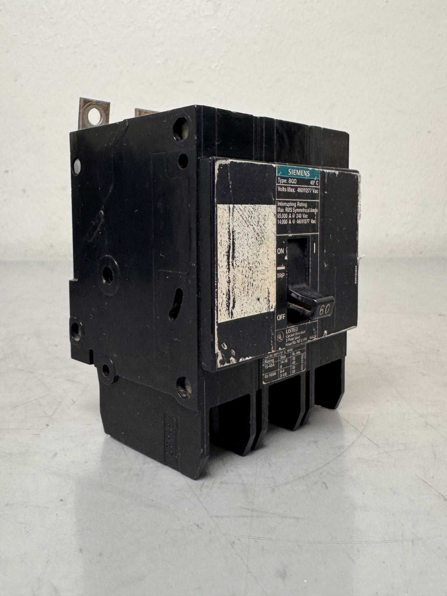 Used Siemens BQD360 60 Amp, 3 Pole, 480 Volt Breaker