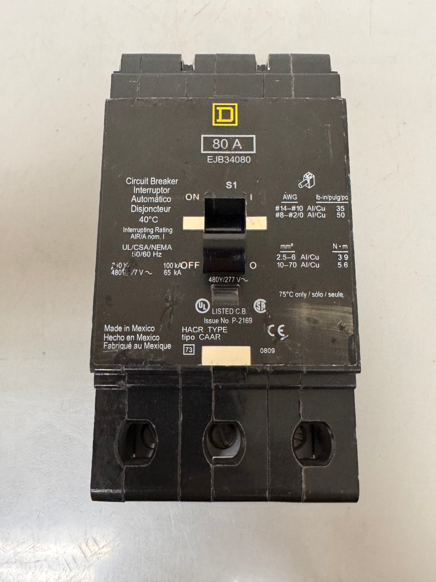 Used Square D EJB34080 80 Amp, 3 Pole, 480 Volt Breaker