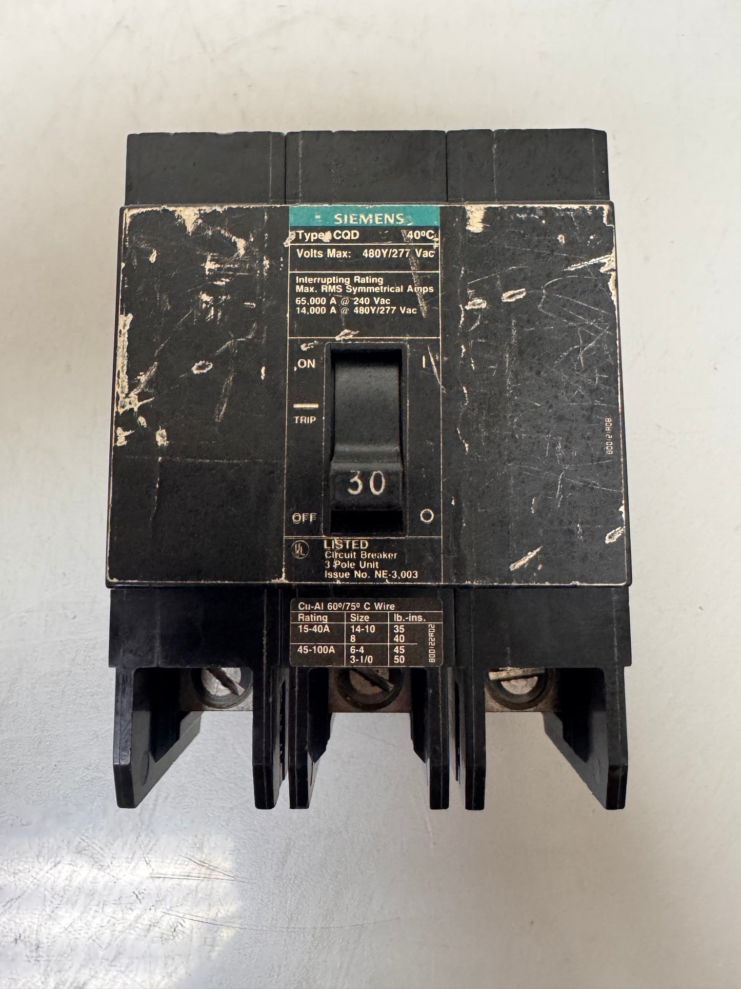 Used Siemens BQD330 30 Amp, 3 Pole, 480 Volt Breaker