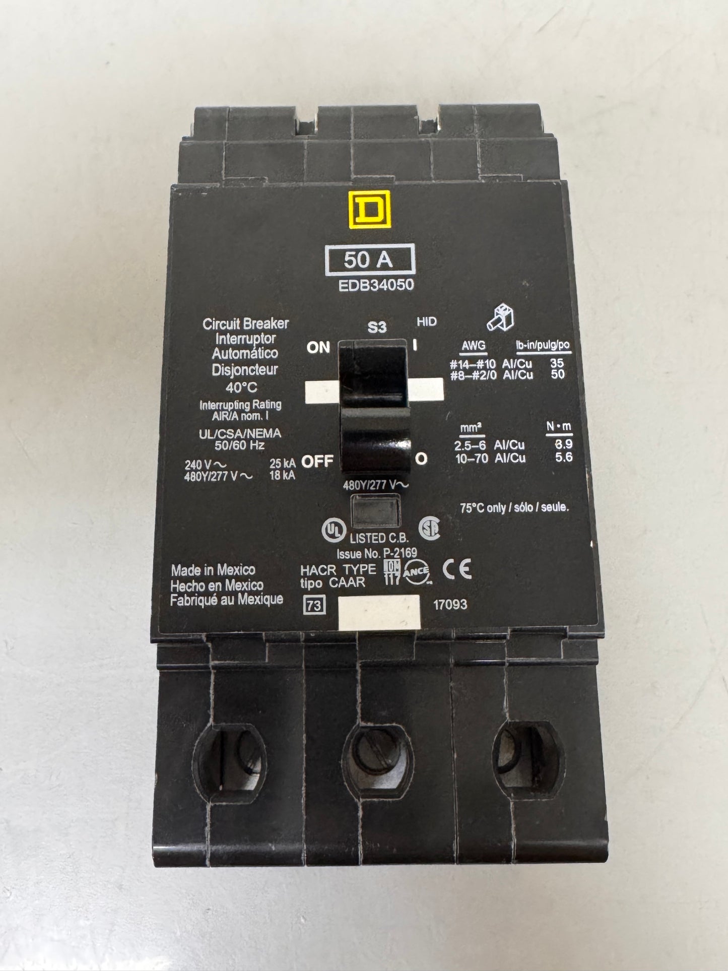 Used Square D EDB34050 50 Amp, 3 Pole, 480 Volt Breaker