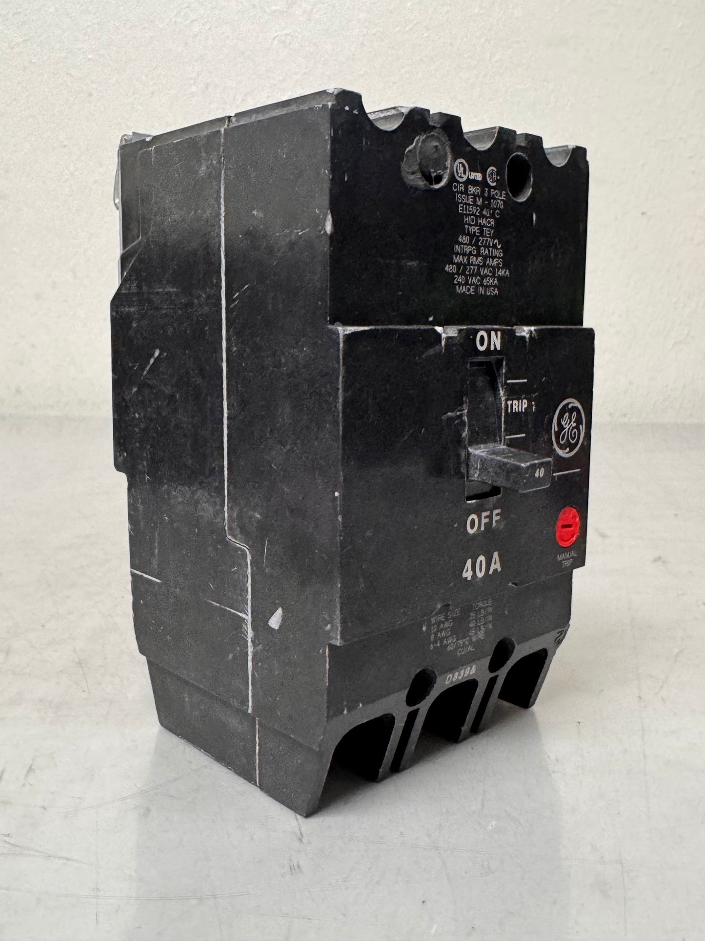 Used General Electric TEY340 40 Amp, 3 Pole, 480 Volt Breaker