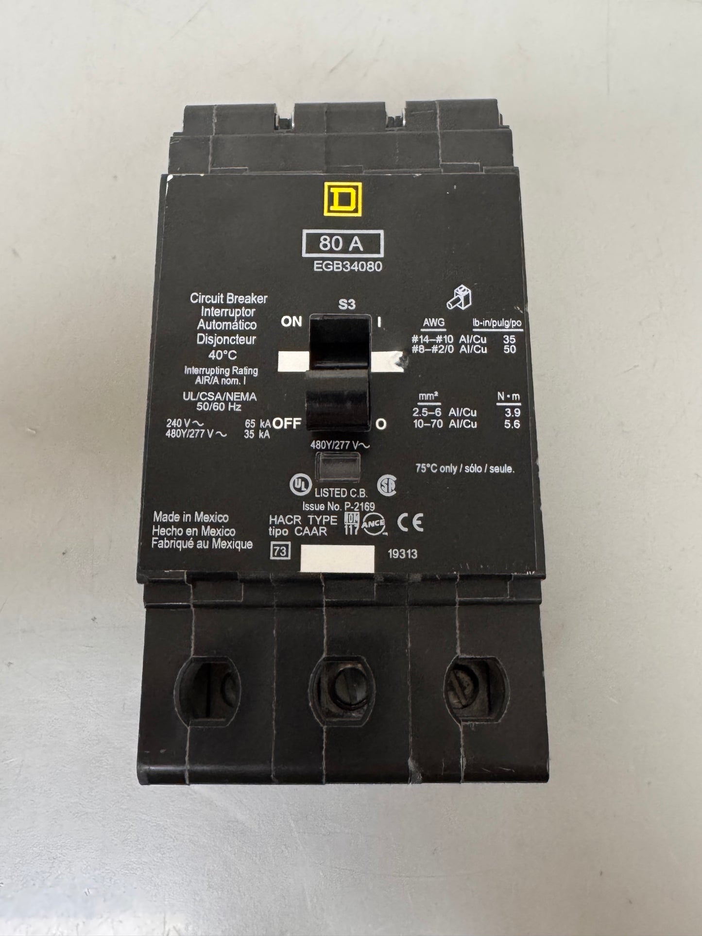 New Square D EGB34080 80 Amp, 3 Pole, 480 Volt Breaker