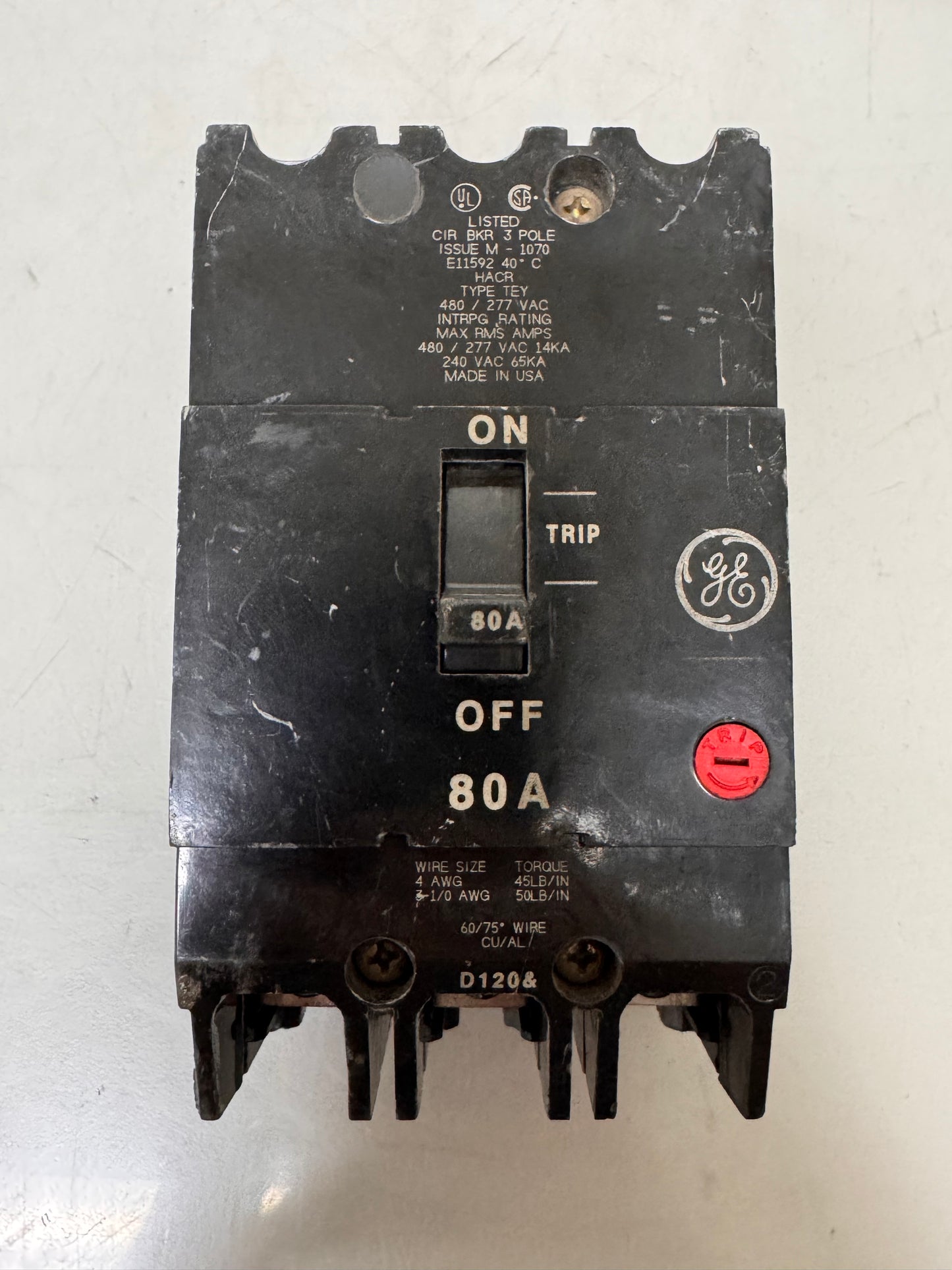 Used General Electric TEY380 80 Amp, 3 Pole, 480 Volt Breaker
