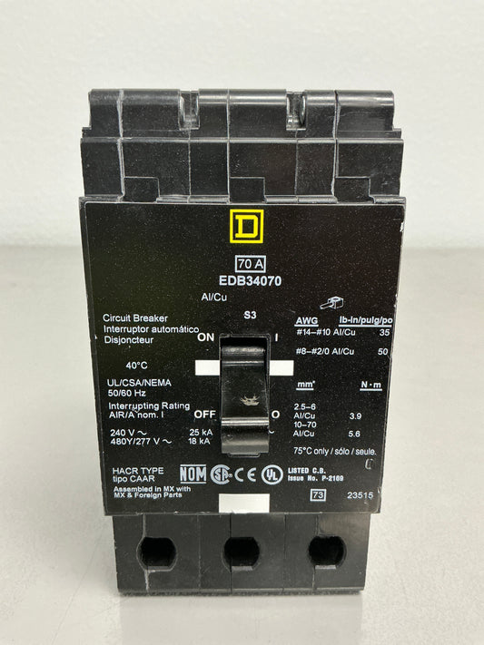 Used Square D EDB34070 3 Pole, 70 Amps, 480/277 Volts