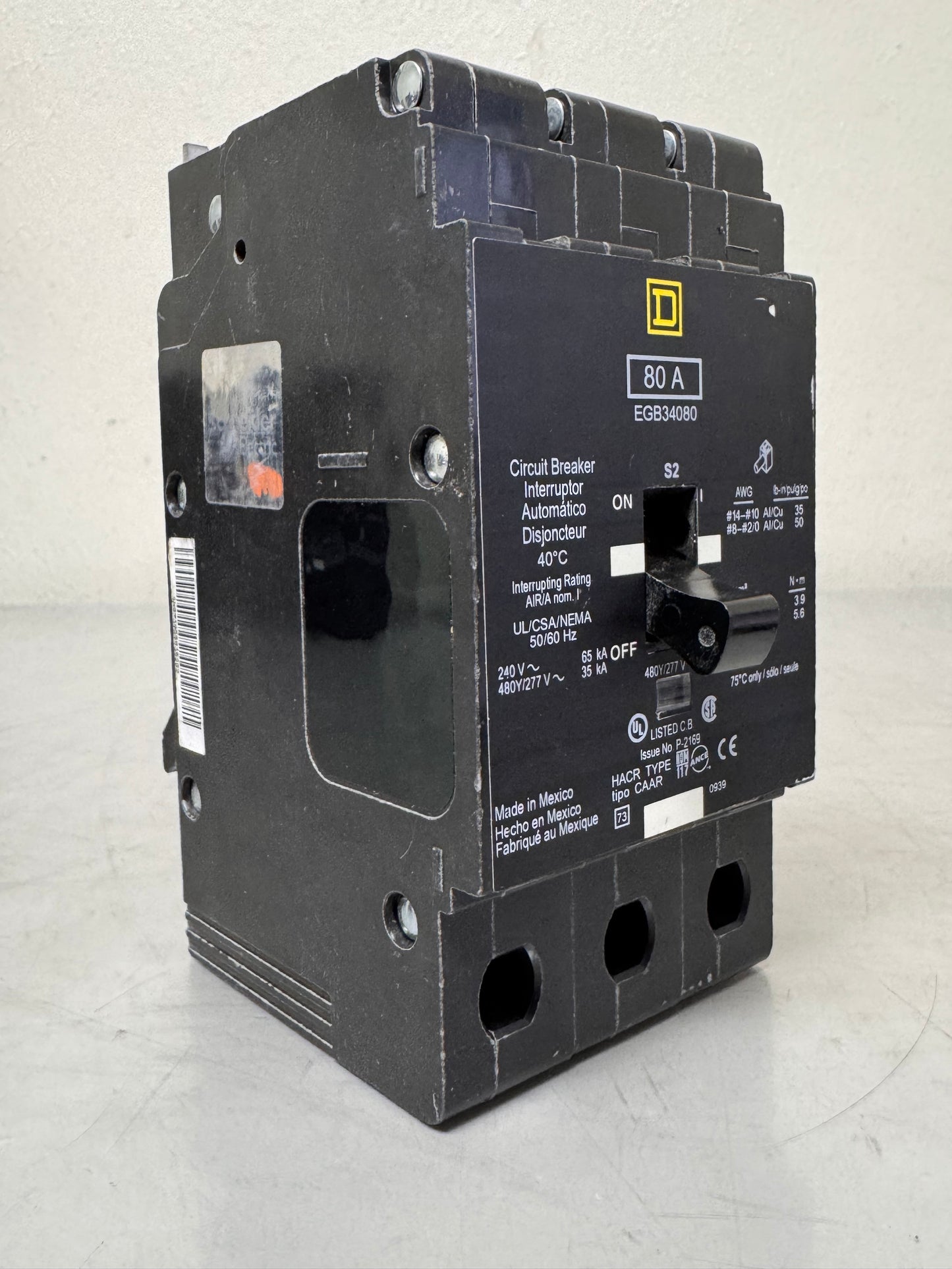 Used Square D EGB34080 80 Amp, 3 Pole, 480 Volt Breaker