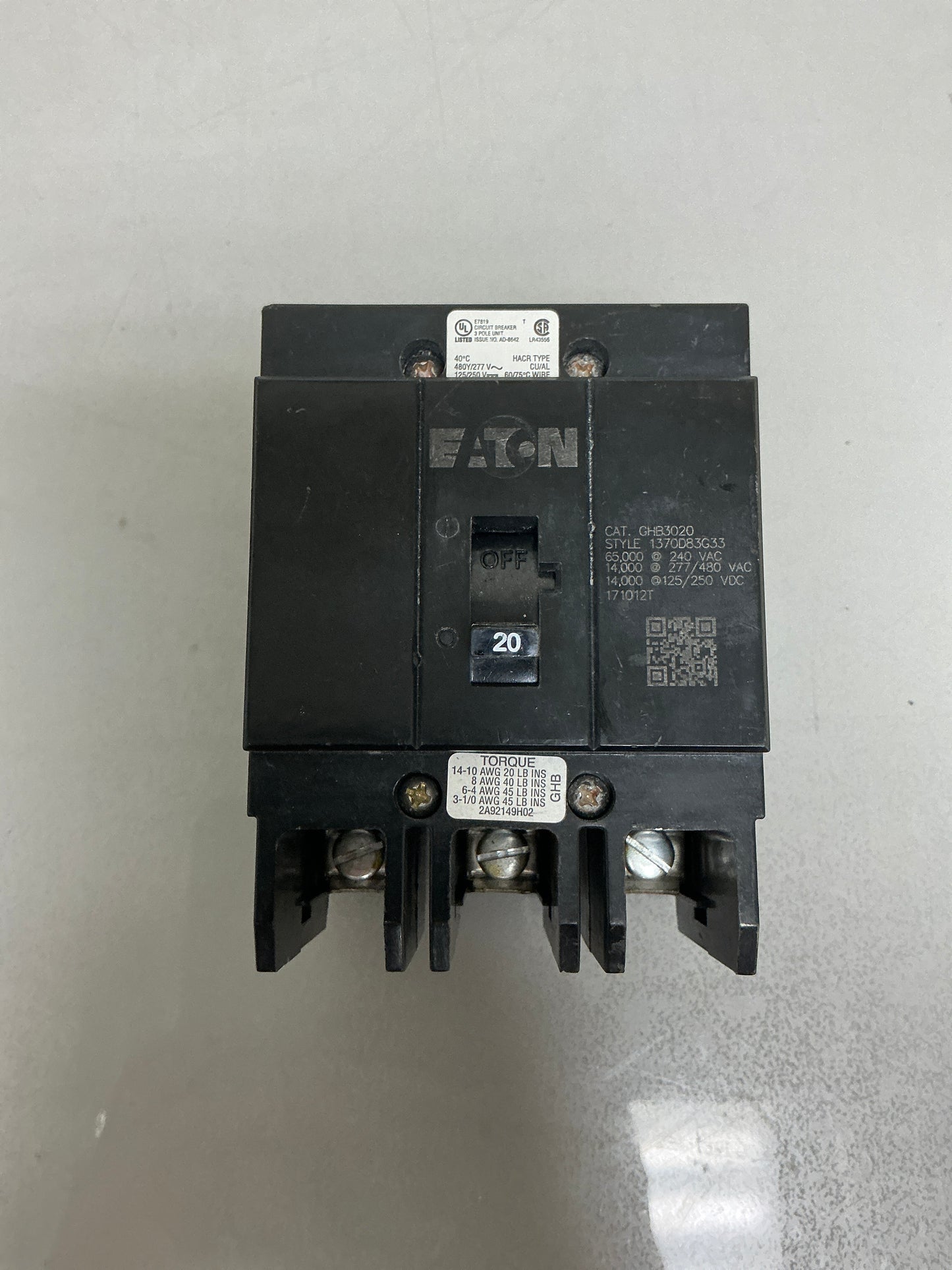 New Eaton GHB3020 20 Amp, 3 Pole, 480 Volt Breaker