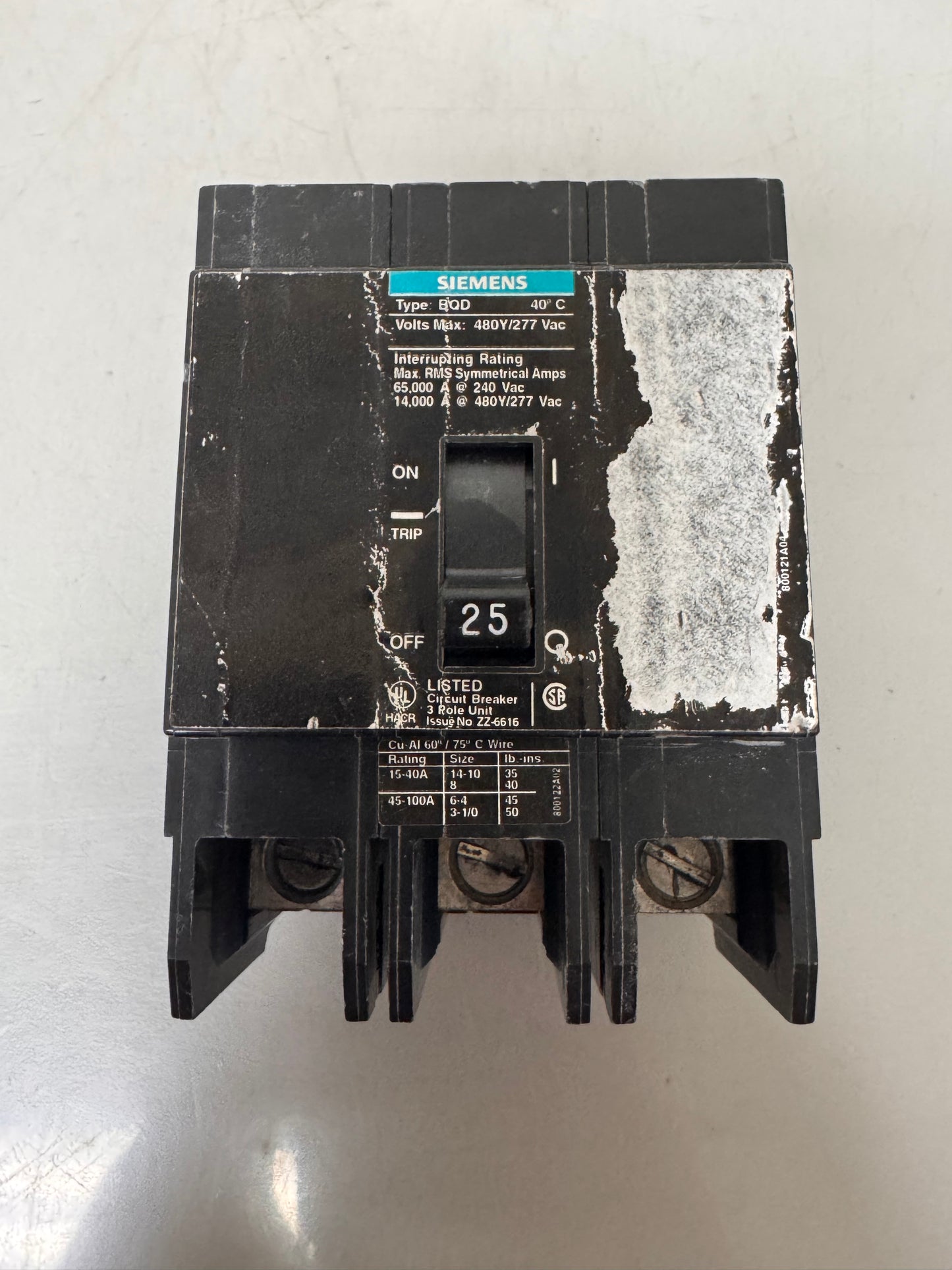 Used Siemens BQD325 25 Amp, 3 Pole, 480 Volt Breaker