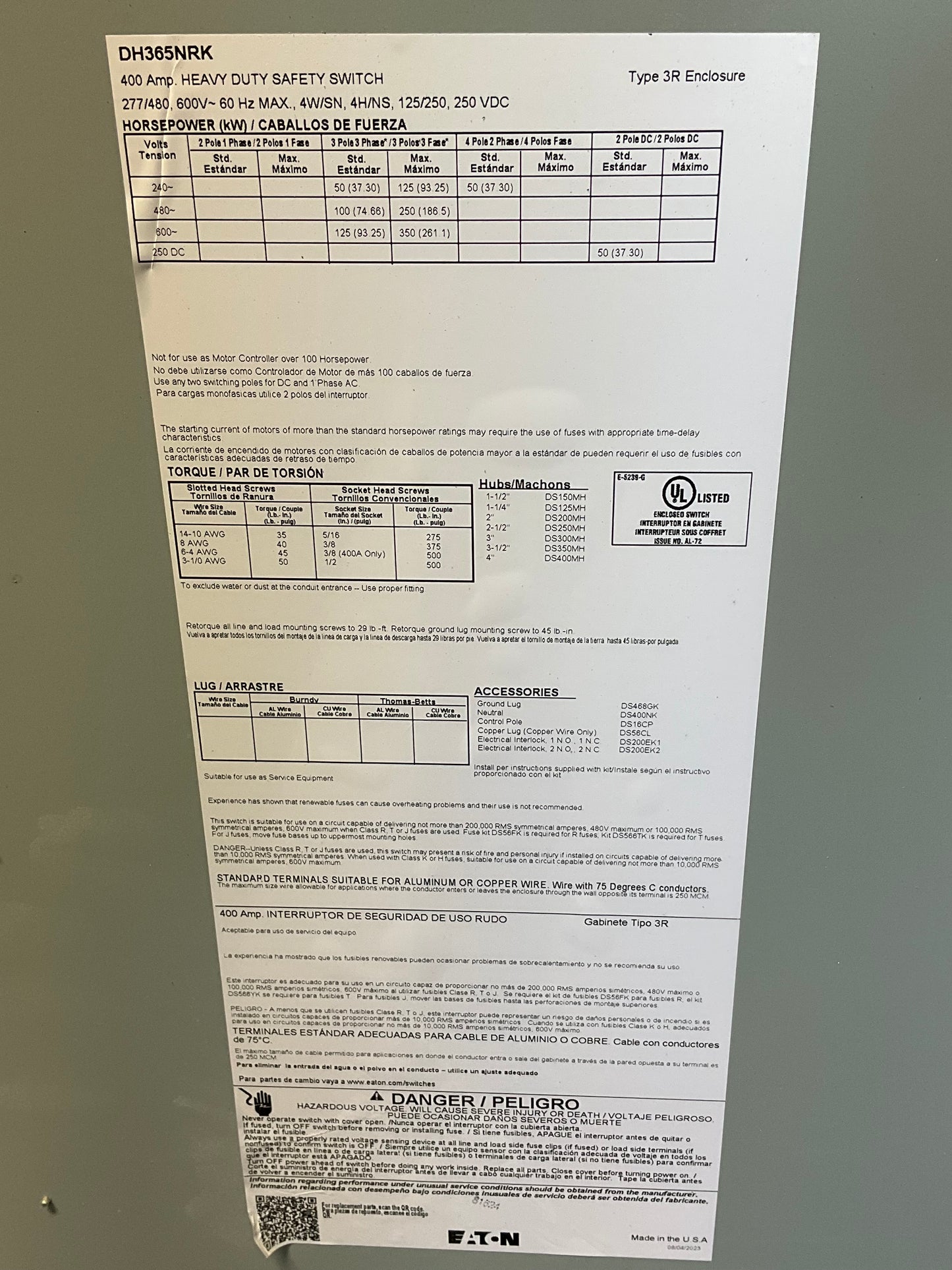 Used Cutler-Hammer DH365NRK Disconnect 400 Amp 600 Volt Fusible Outdoor