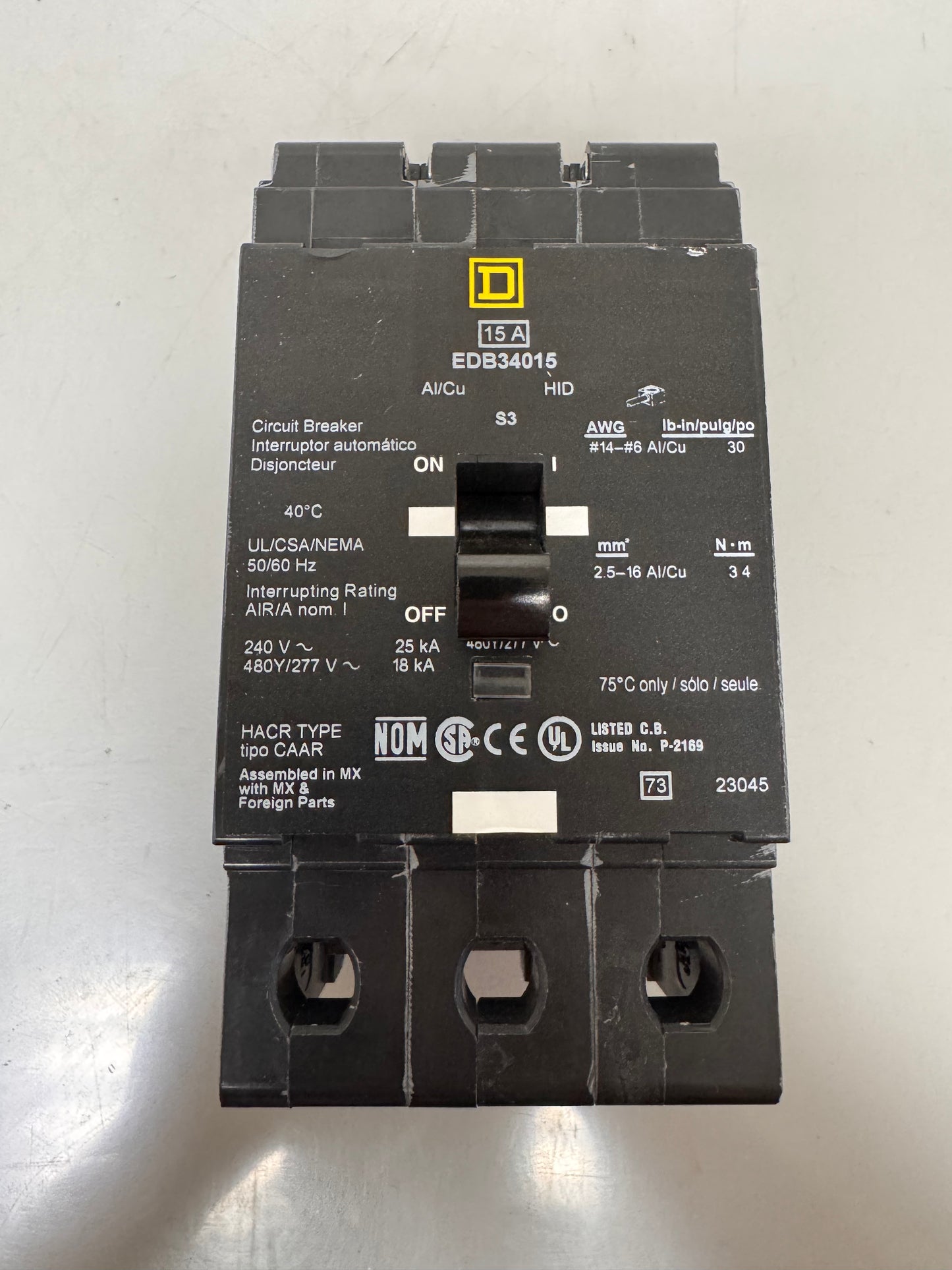 Used Square D EDB34015 15 Amp, 3 Pole, 480 Volt Breaker
