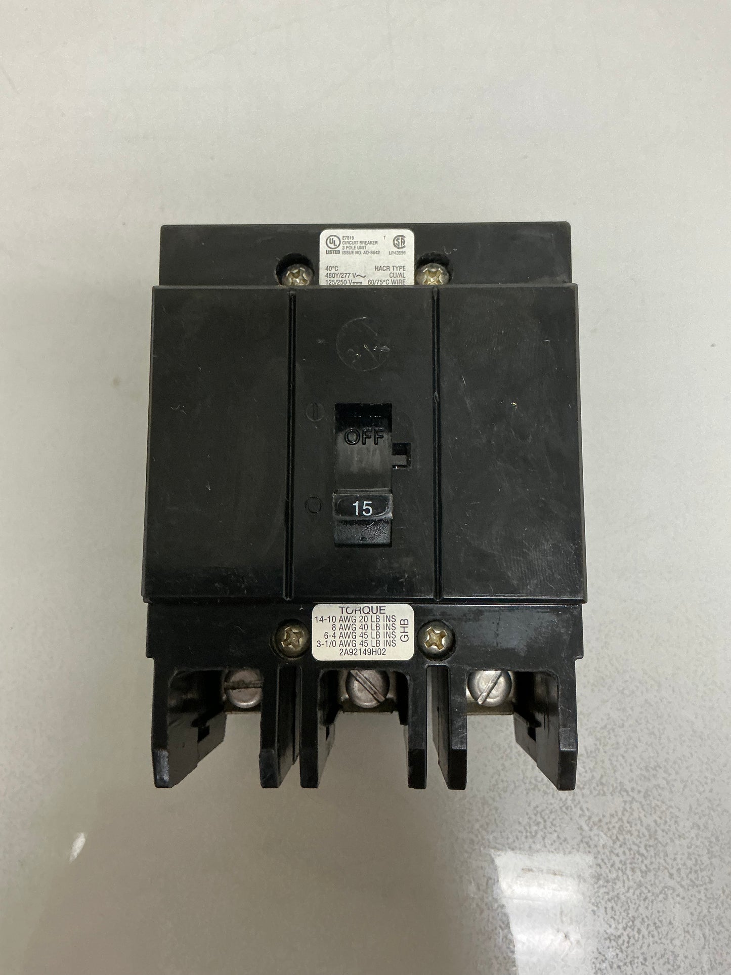 Used Eaton GHB3015 15 Amp, 3 Pole, 480 Volt Breaker