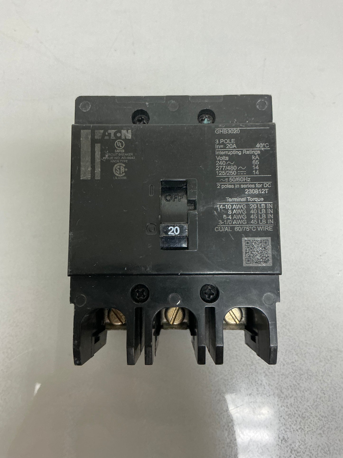 Used Eaton GHB3020 20 Amp, 3 Pole, 480 Volt Breaker