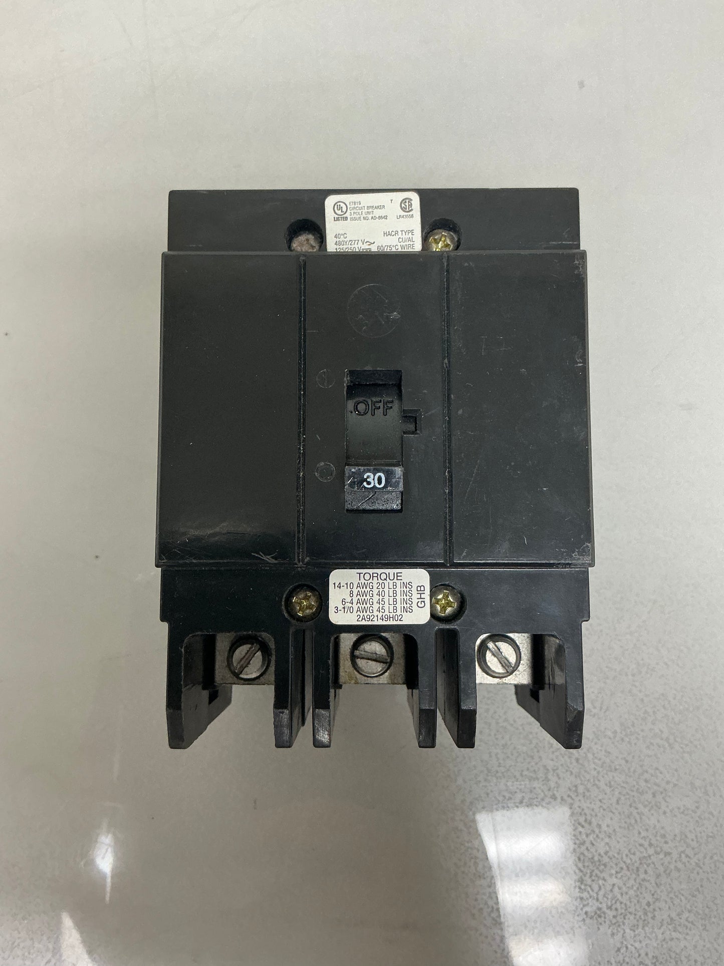 Used Eaton GHB3030 30 Amp, 3 Pole, 480 Volt Breaker