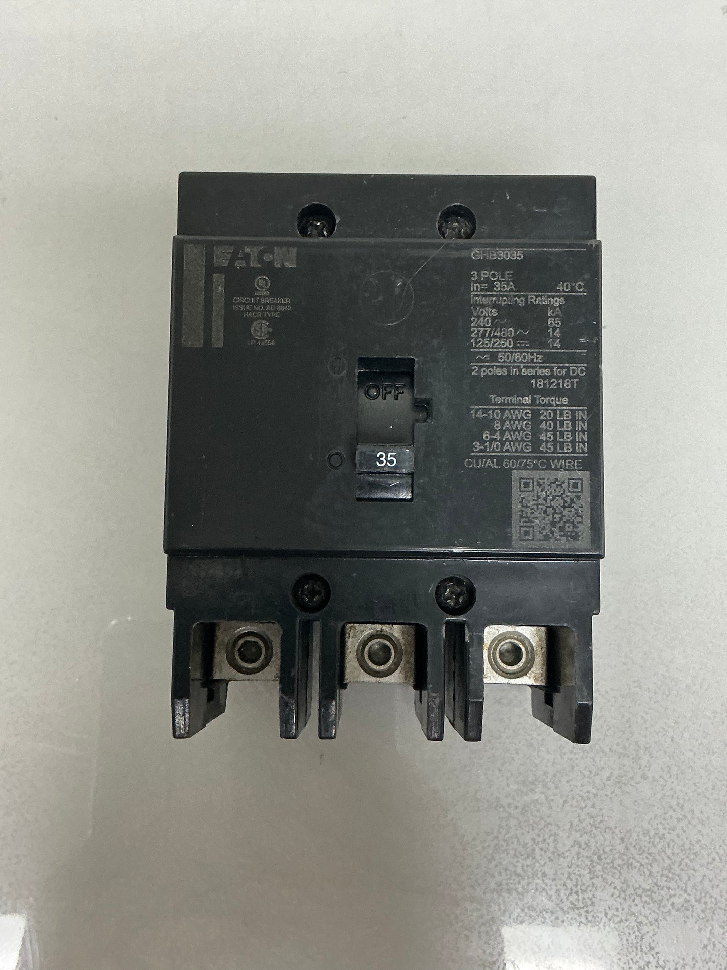Used Eaton GHB3035 35 Amp, 3 Pole, 480 Volt Breaker