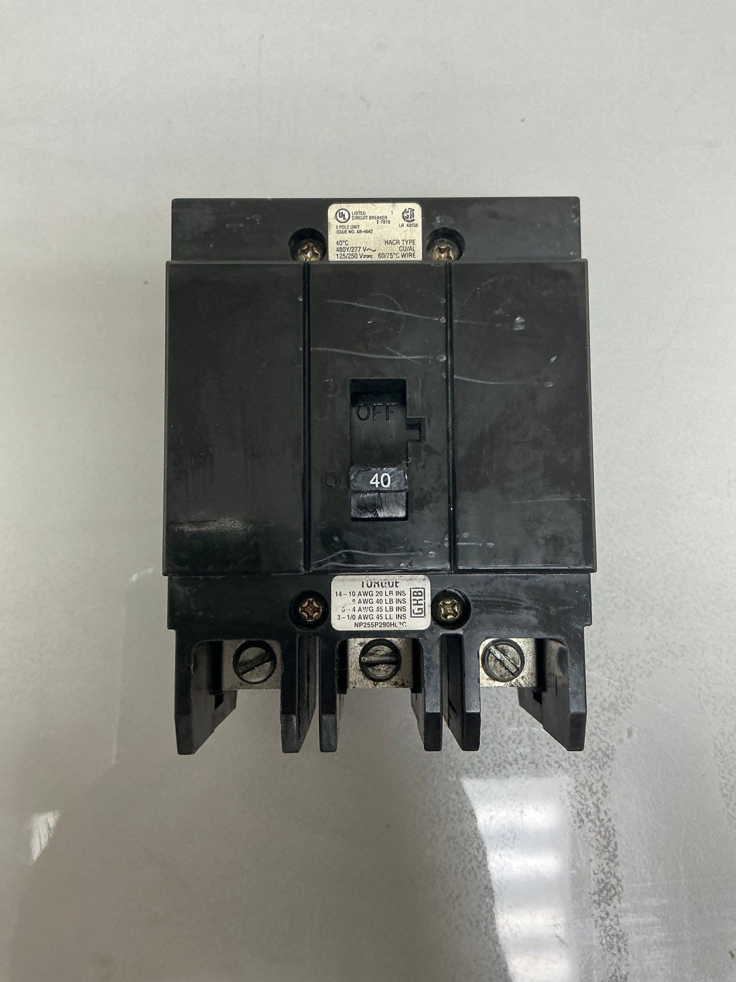 Used Eaton GHB3040 40 Amp, 3 Pole, 480 Volt Breaker