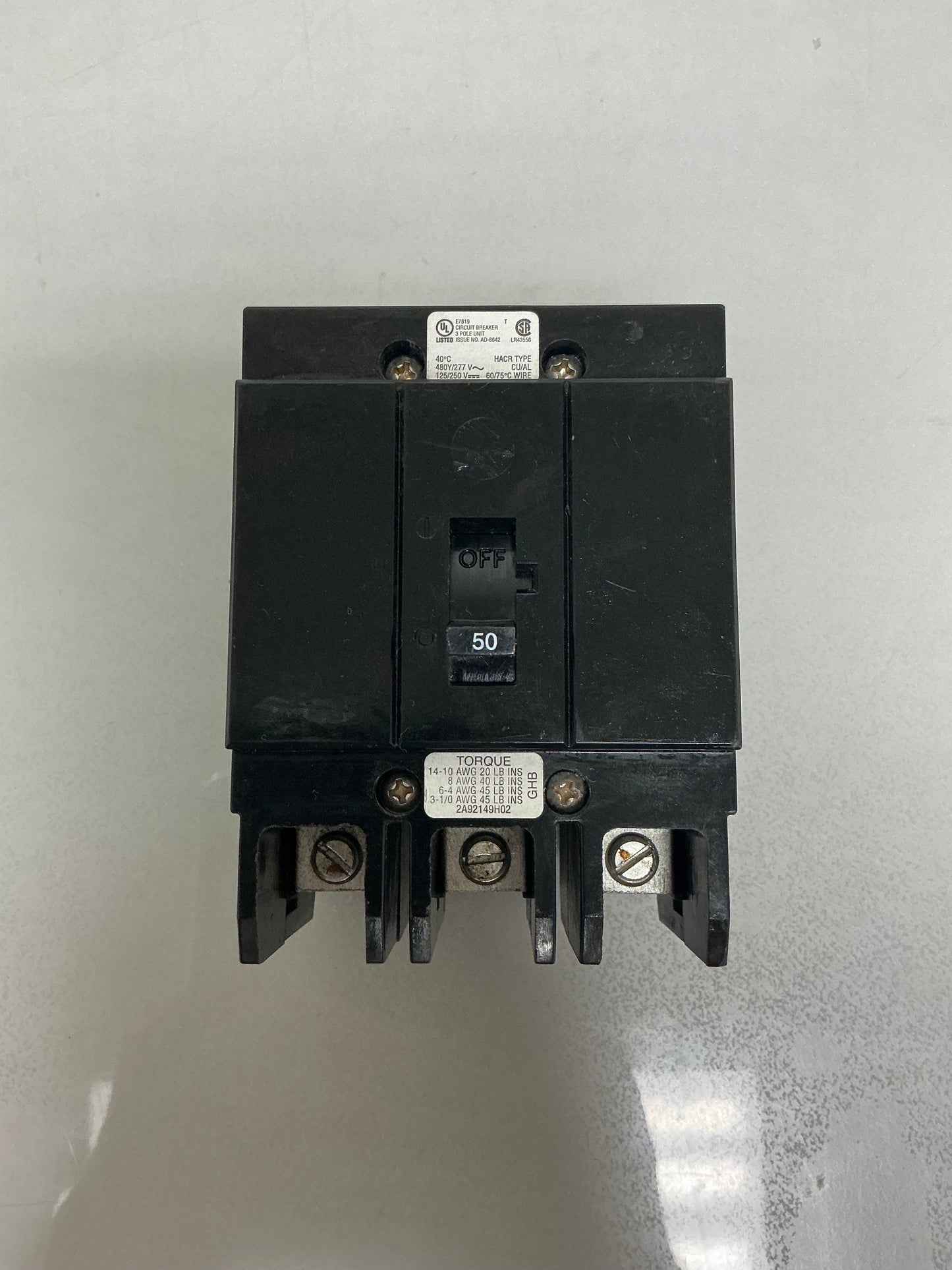 Used Eaton GHB3050 50 Amp, 3 Pole, 480 Volt Breaker