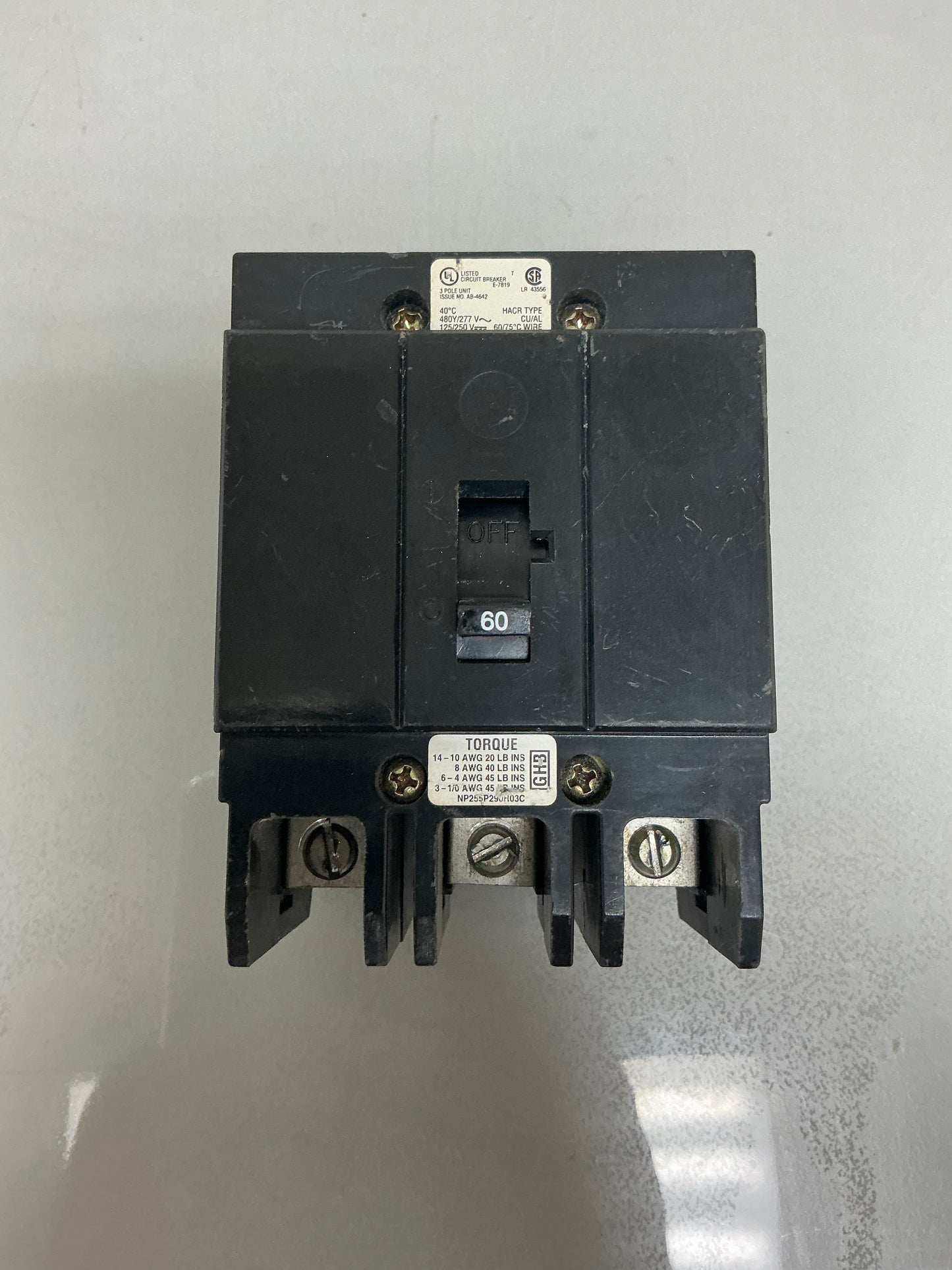 Used Eaton GHB3060 60 Amp, 3 Pole, 480 Volt Breaker