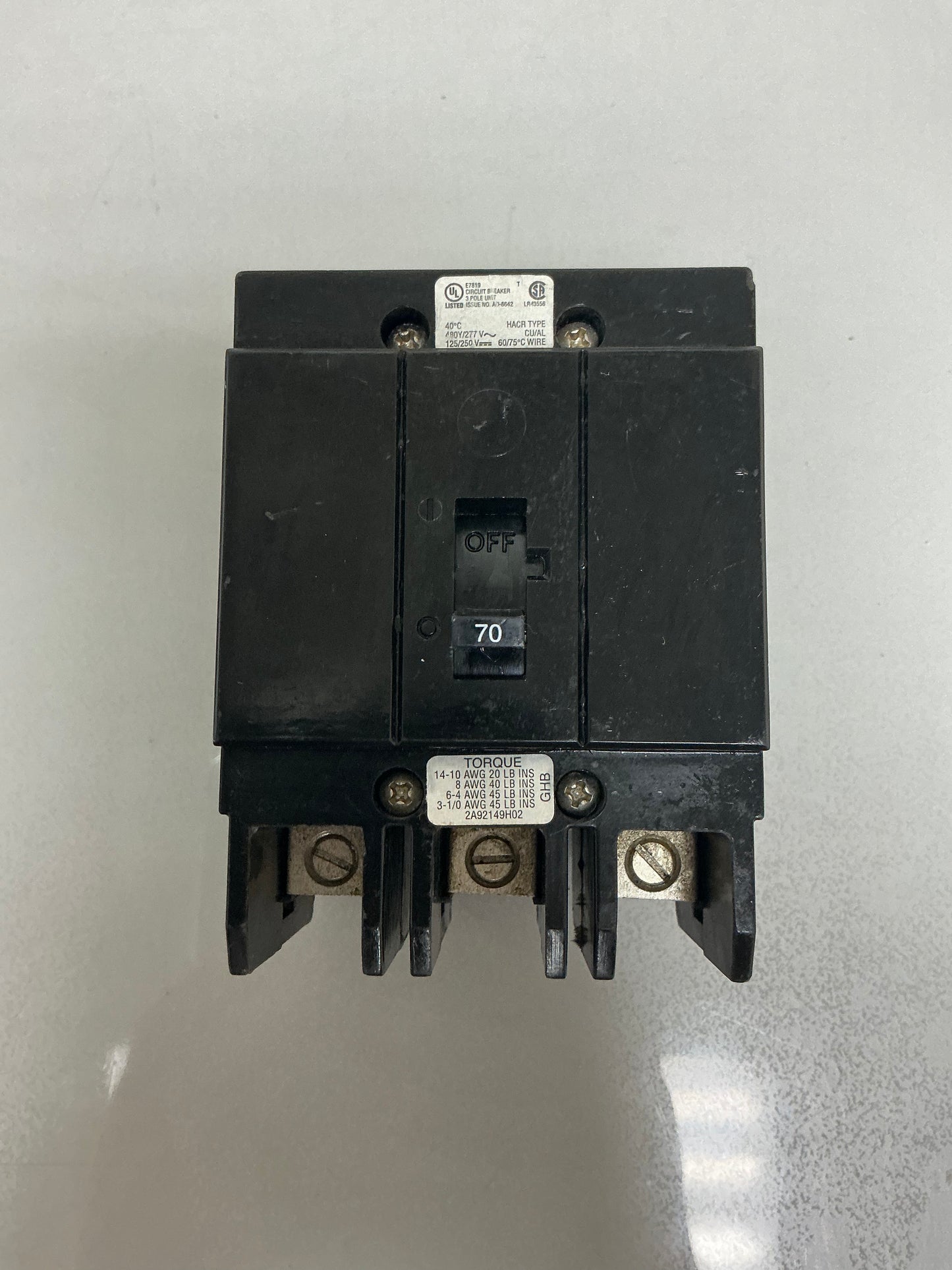 Used Eaton GHB3070 70 Amp, 3 Pole, 480 Volt Breaker