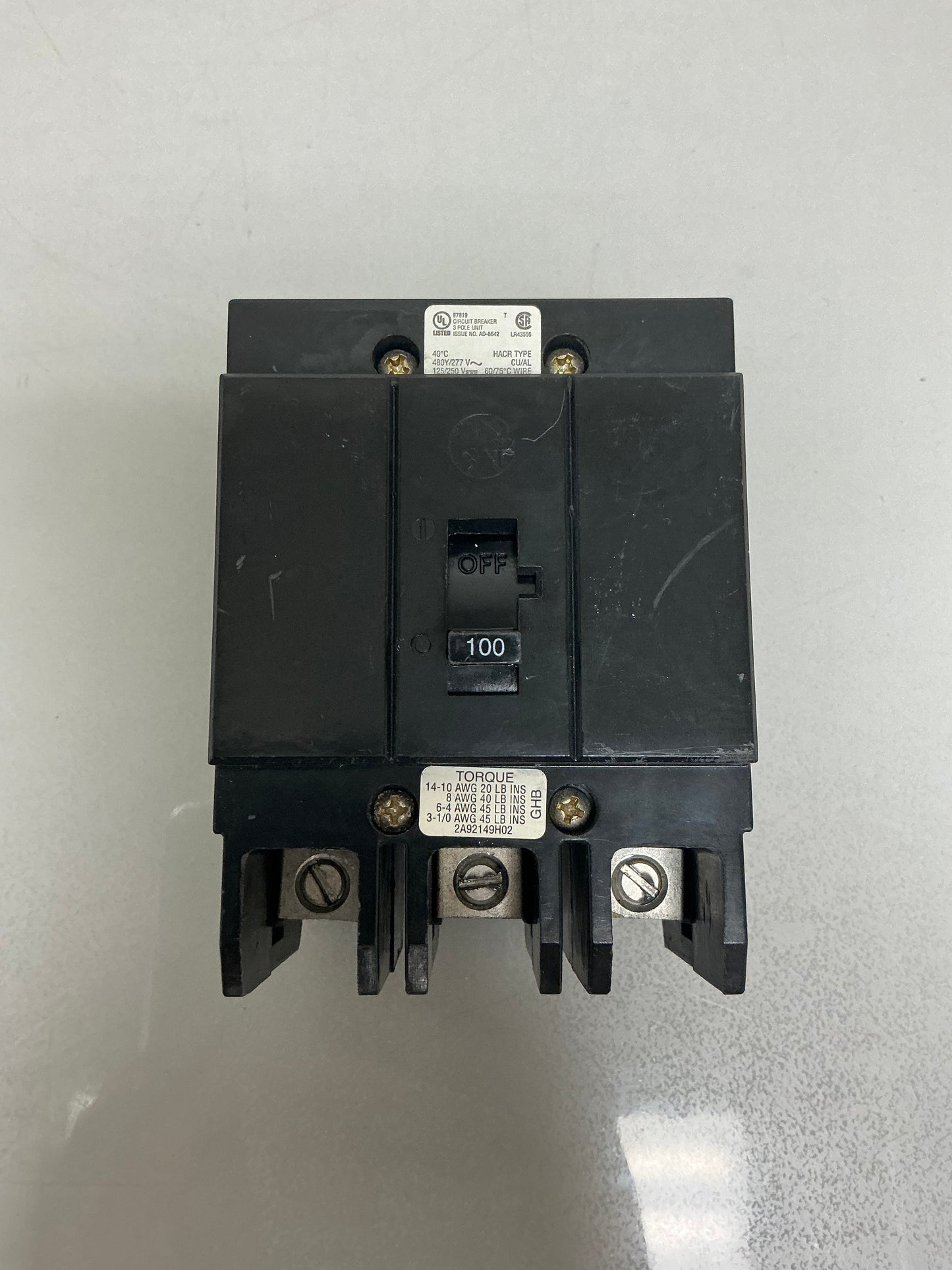 Used Eaton GHB3100 100 Amp, 3 Pole, 480 Volt