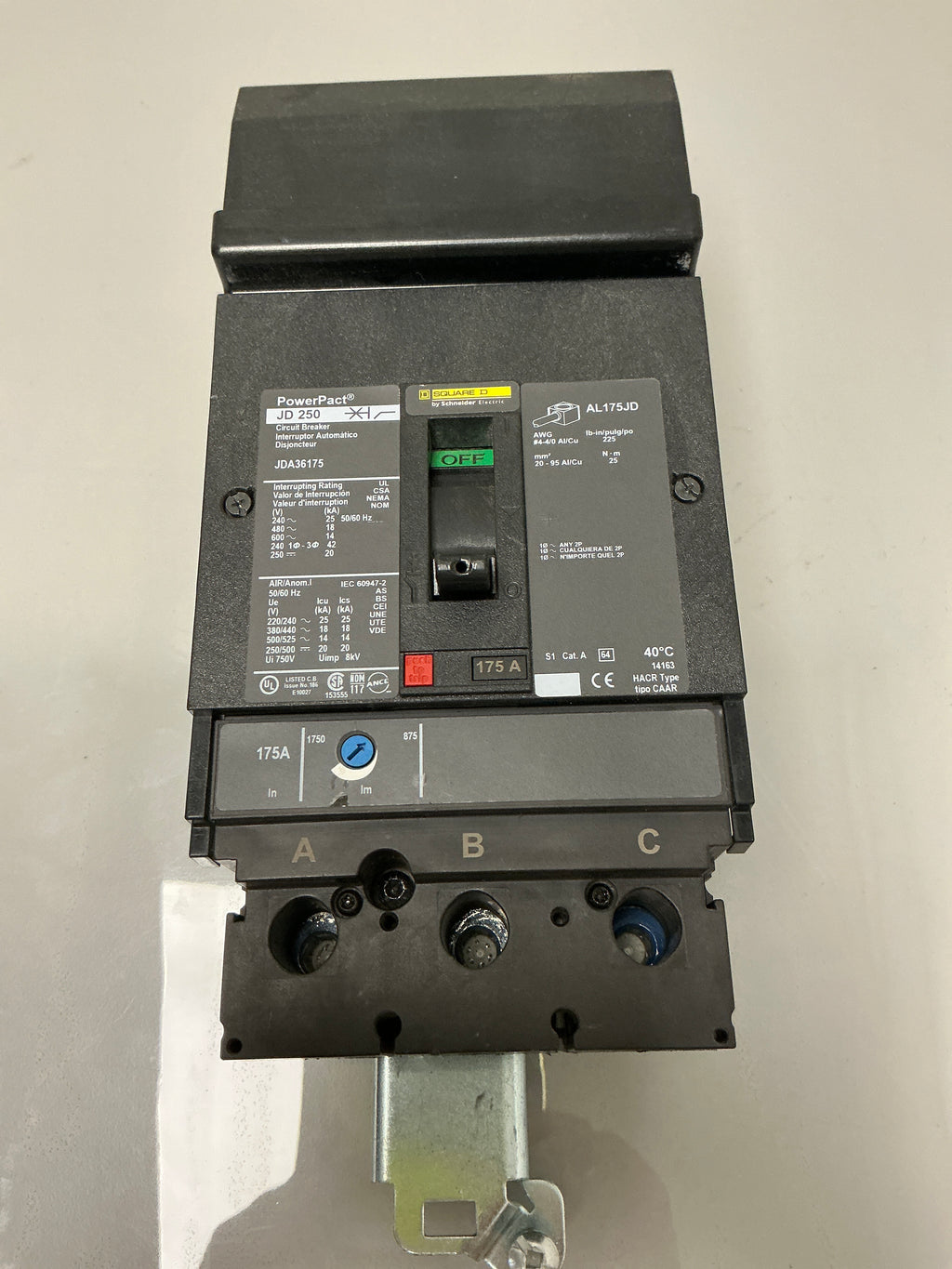 Used Square D JDA36175 3 Pole, 175 Amps, 600 Volts Circuit Breaker