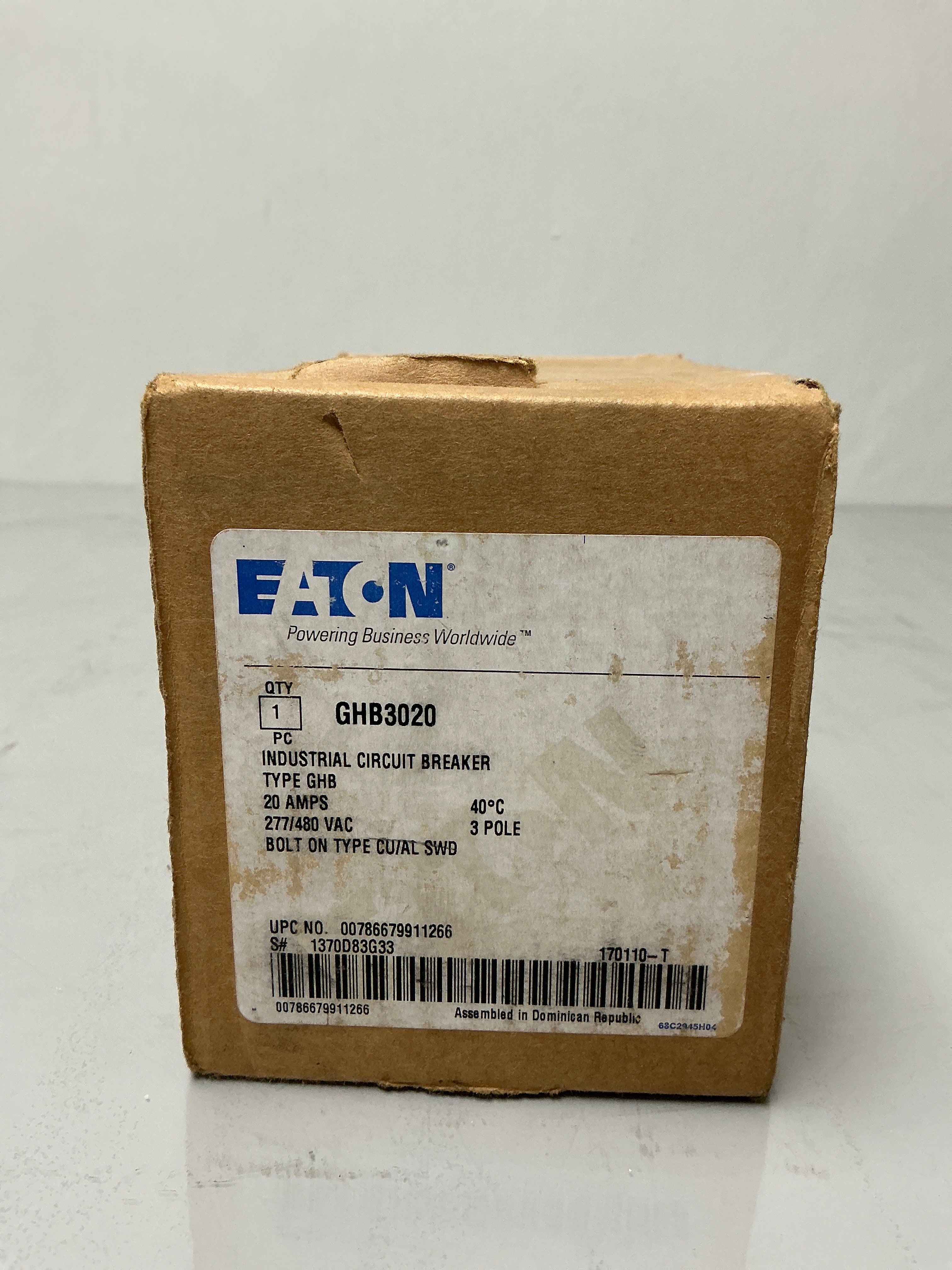 New Eaton GHB3020 3 Pole, 20 Amps, 480 Volts Circuit Breaker