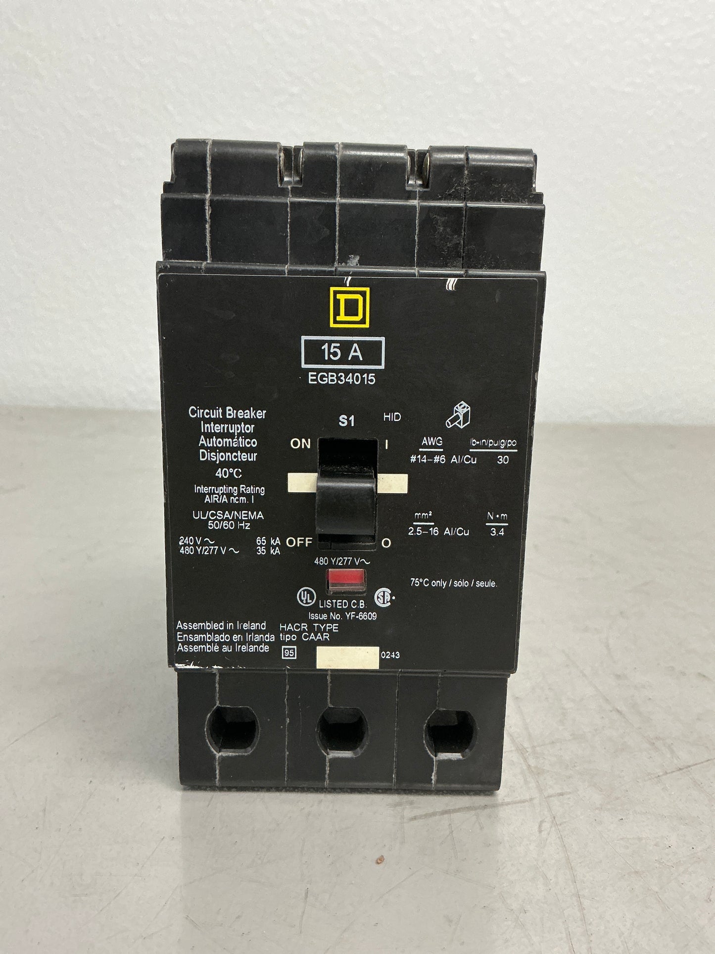 Used Square D EGB34015 3 Pole, 15 Amps, 480 Volts