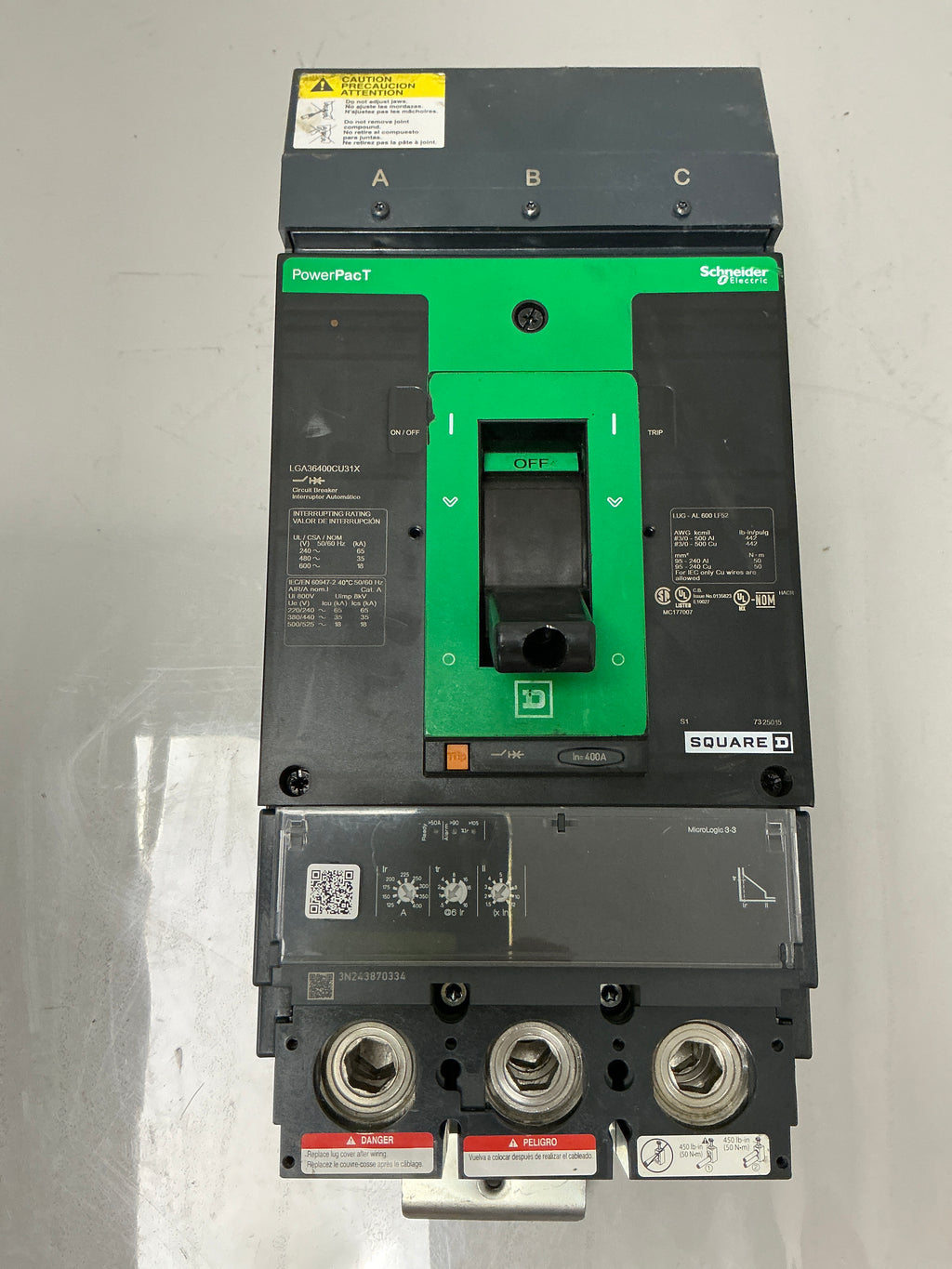 Used Square D LGA36400CU31X 3 Pole, 400 Amps, 600 Volts Circuit Breaker