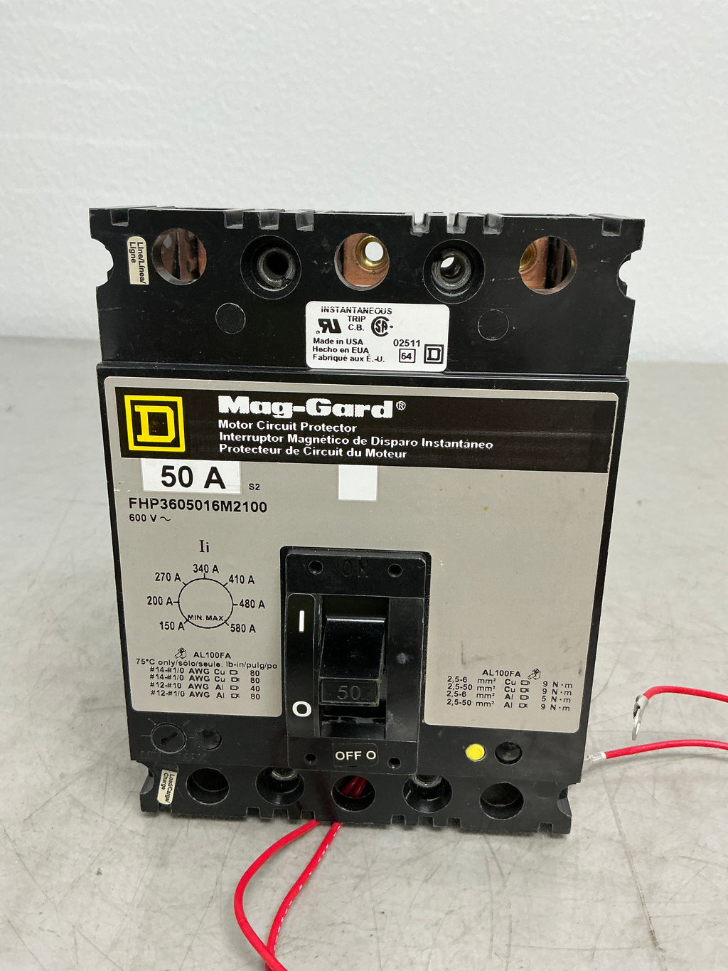 Used Square D FHP3605016M2100 3 Pole, 50 Amps, 600 Volts Circuit Breaker