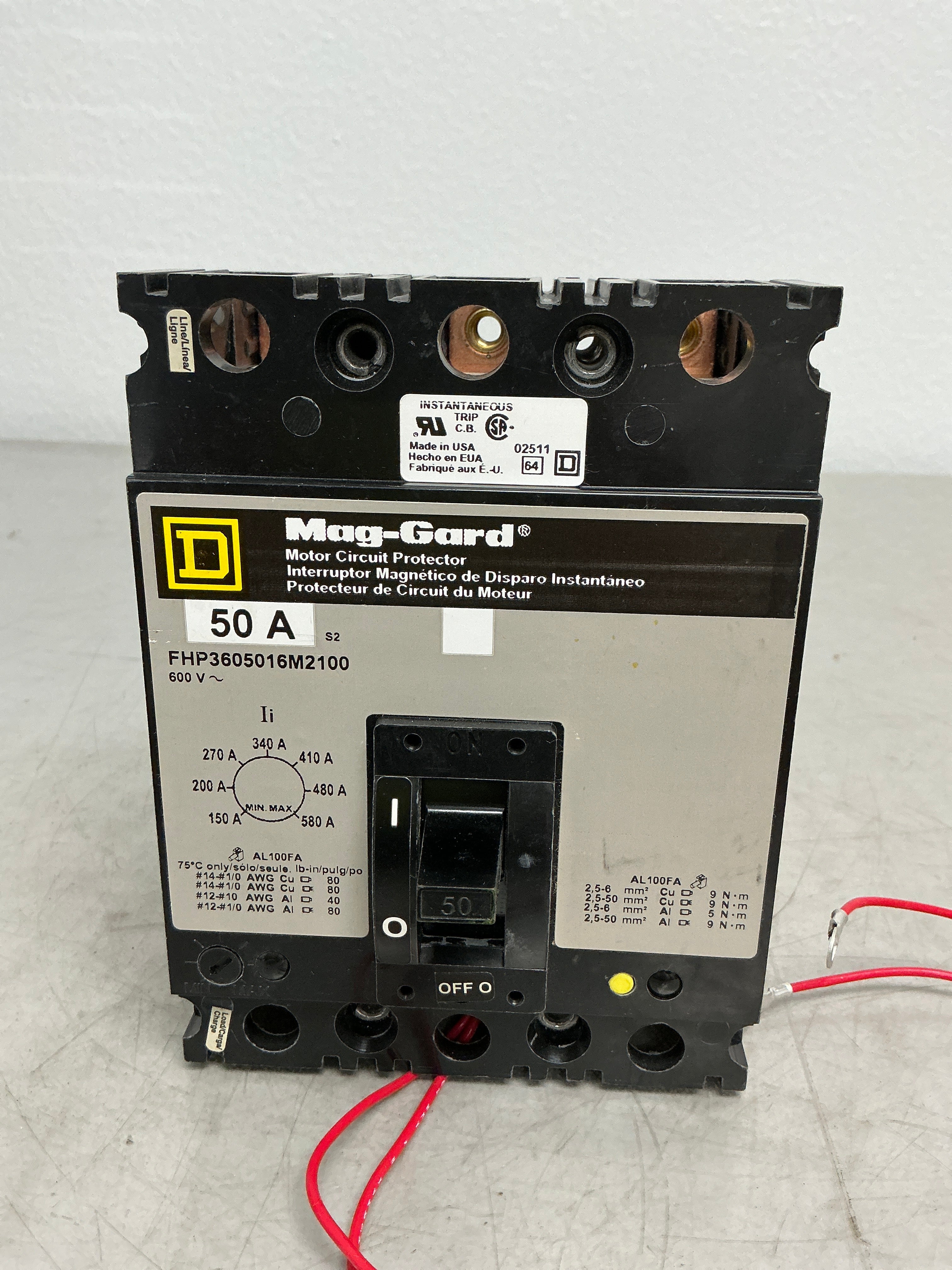 Used Square D FHP3605016M2100 3 Pole, 50 Amps, 600 Volts Circuit Breaker