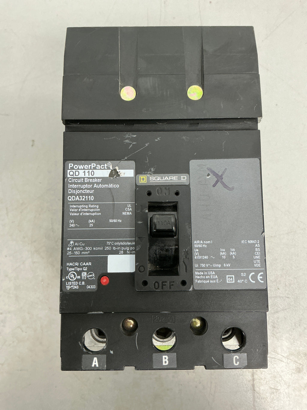 Used Square D QDA32110 3 Pole, 110 Amps, 240 Volts Circuit Breaker