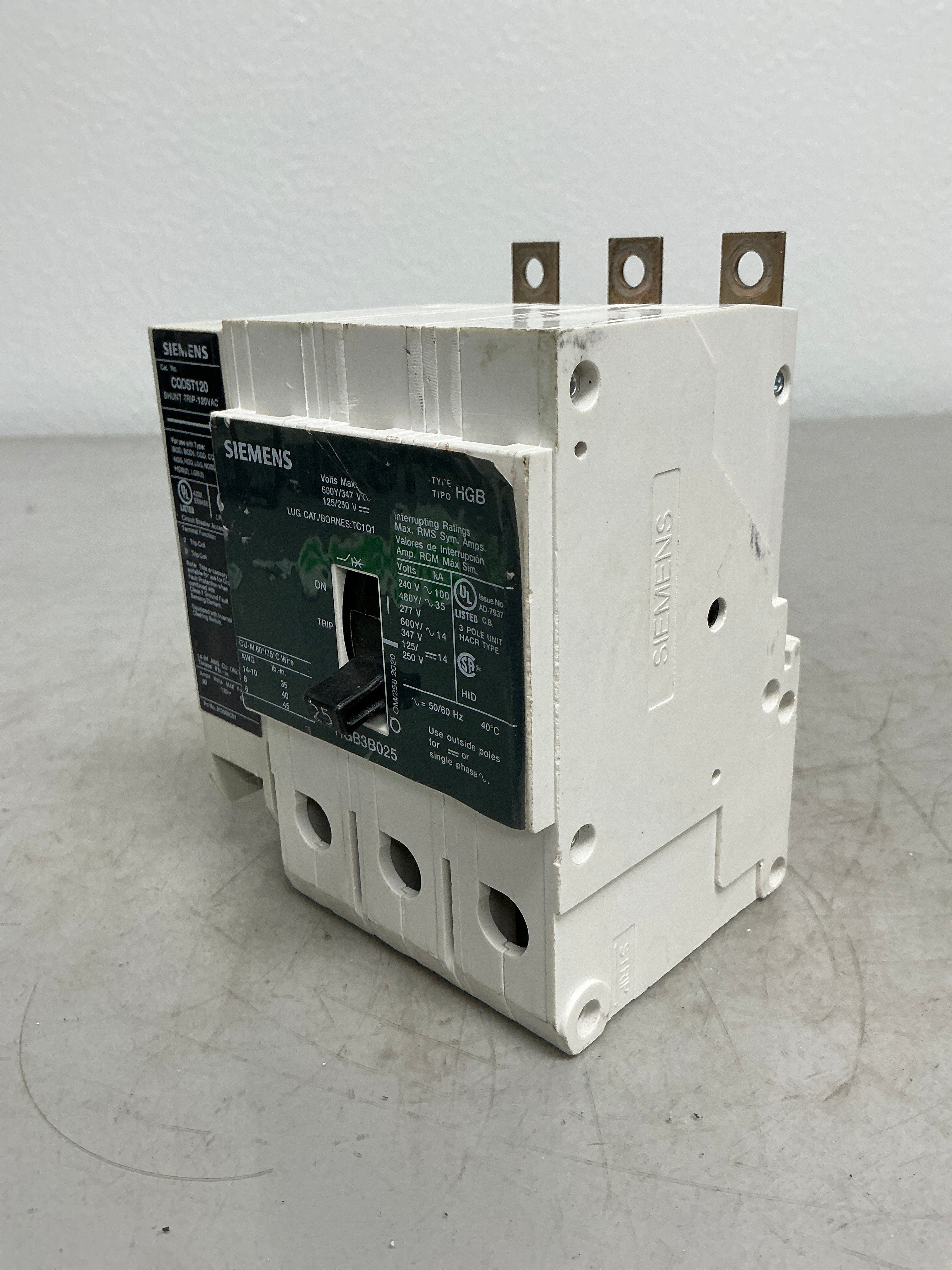 New Siemens HGB3B025 Shunt Trip CQDST120 3 Pole, 25 Apps, 480 Volts