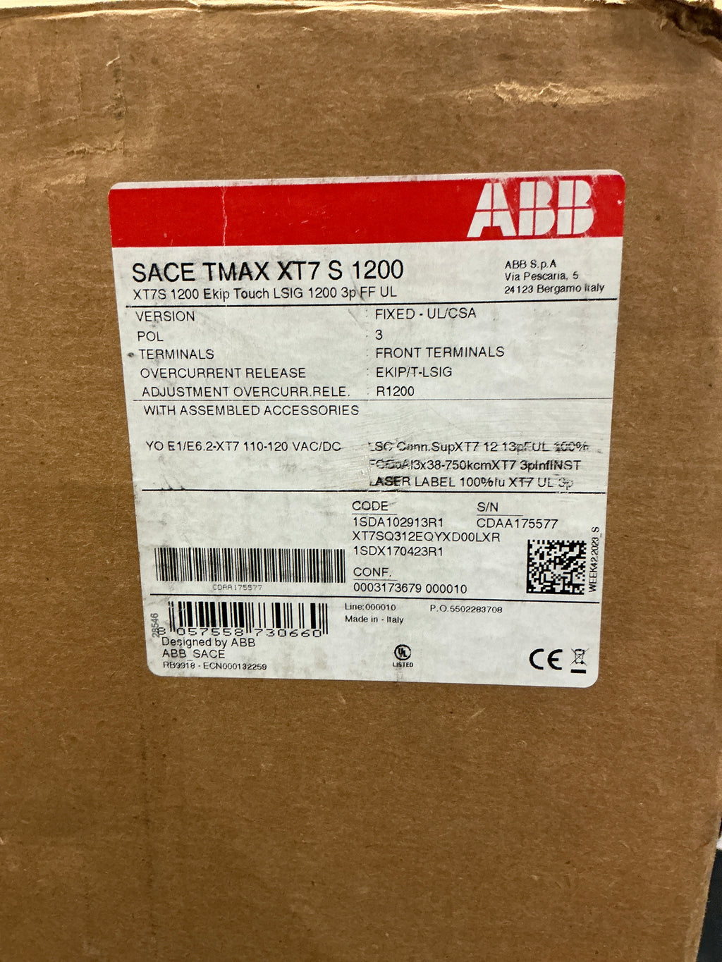 New ABB SACE TMAX XT7 S 1200 Amps, 3 Pole, 600 Volts Circuit Breaker